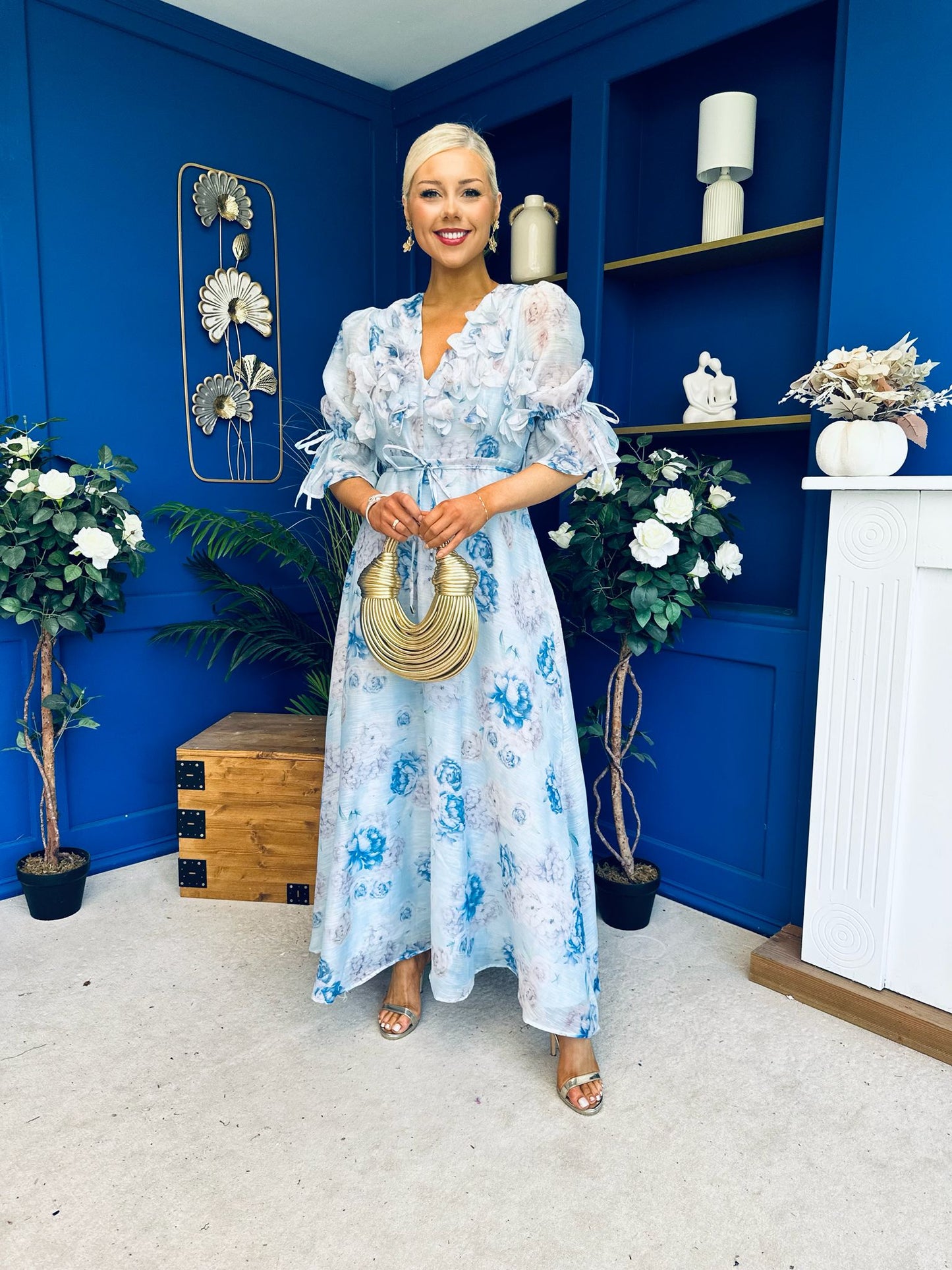 Holly 3D Floral Detailed Occasion Dress Floral Blue