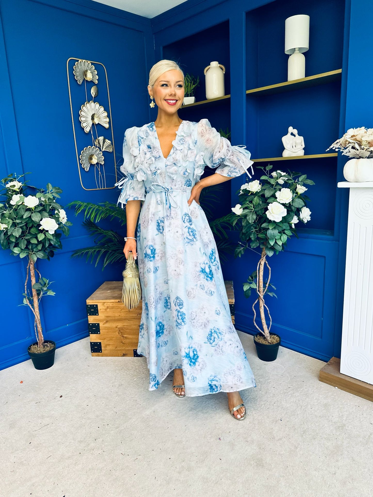 Holly 3D Floral Detailed Occasion Dress Floral Blue