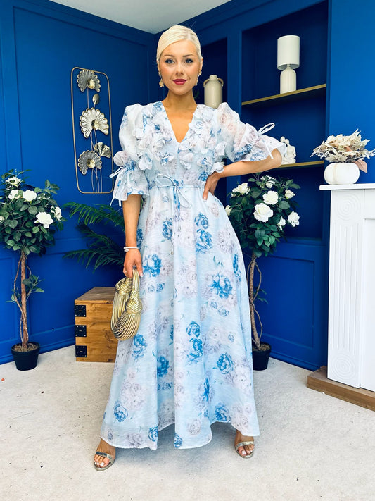 Holly 3D Floral Detailed Occasion Dress Floral Blue