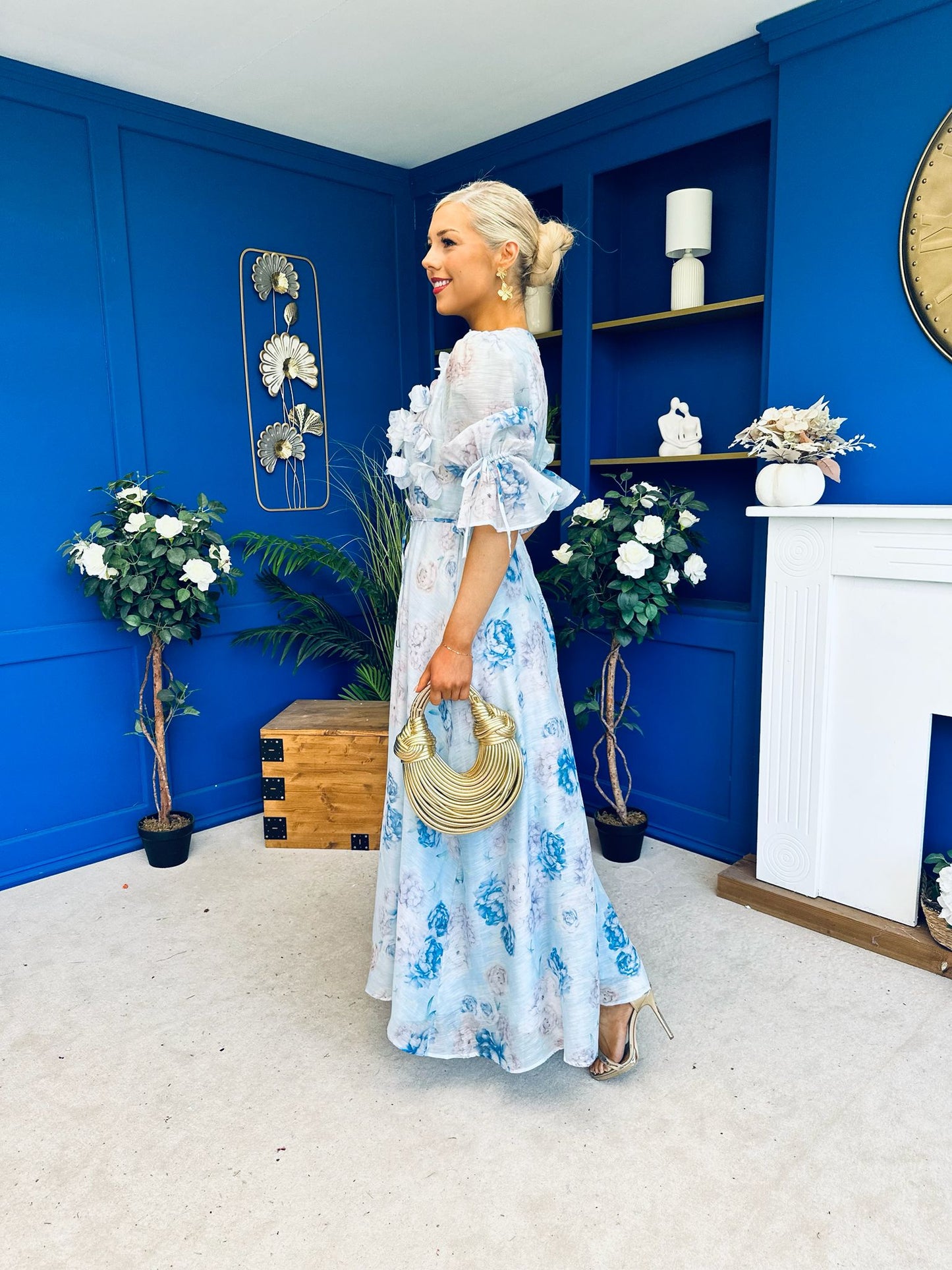 Holly 3D Floral Detailed Occasion Dress Floral Blue