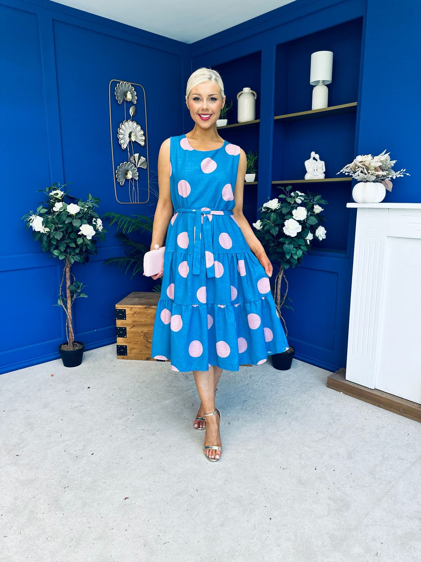 Sadhbh Tiered Midi Dress Pink Polka Blue
