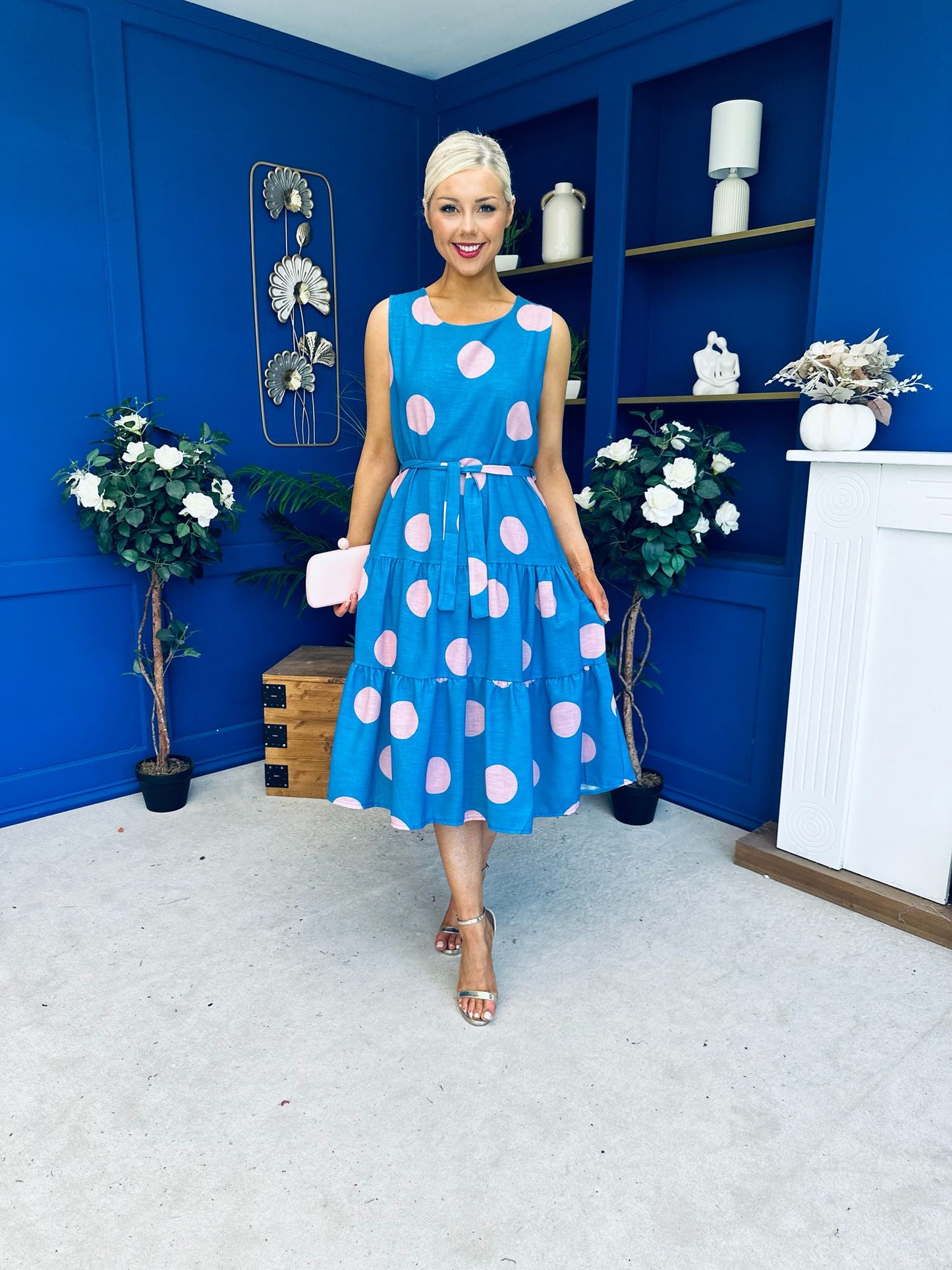 Sadhbh Tiered Midi Dress Pink Polka Blue