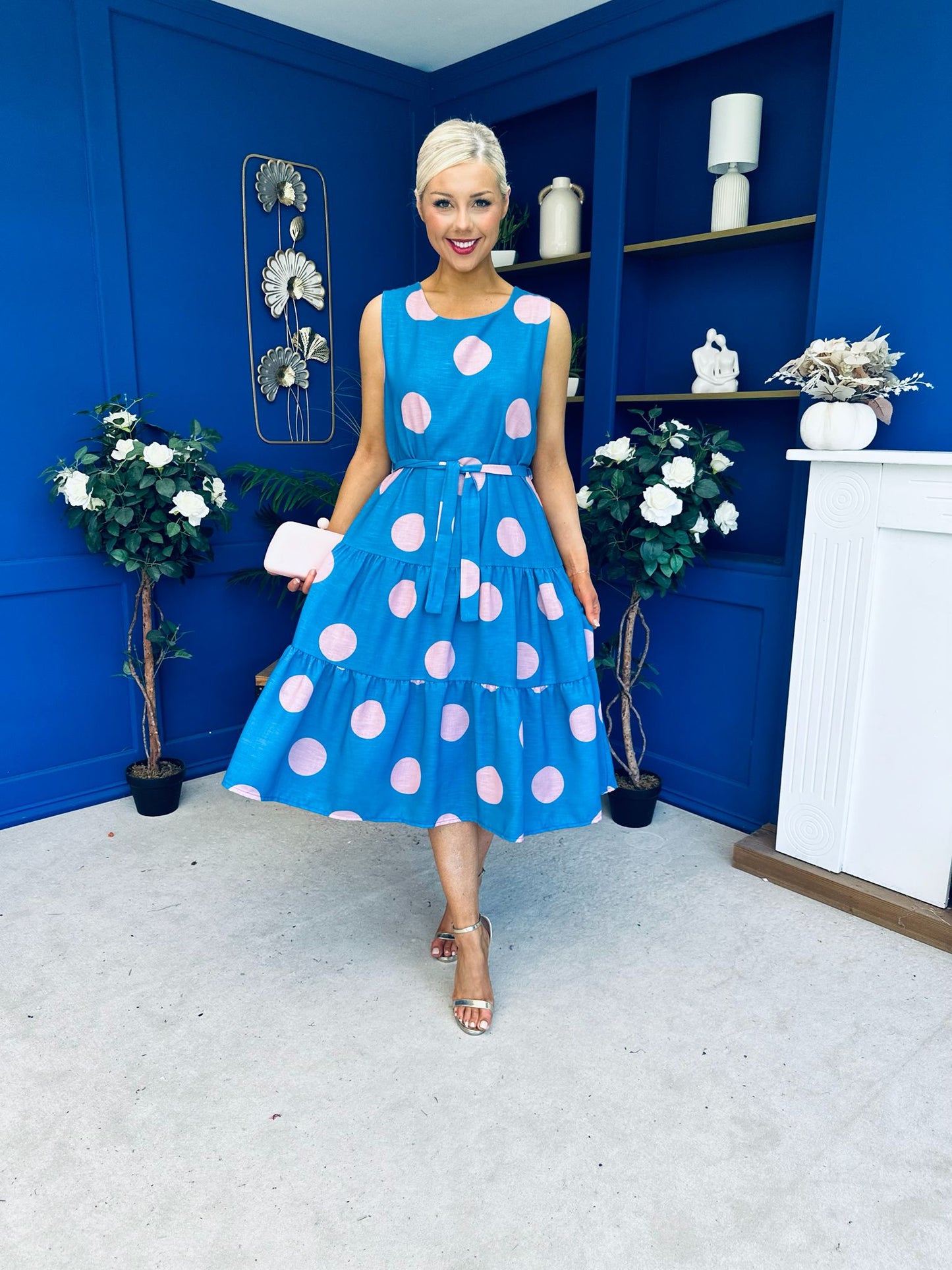 Sadhbh Tiered Midi Dress Pink Polka Blue
