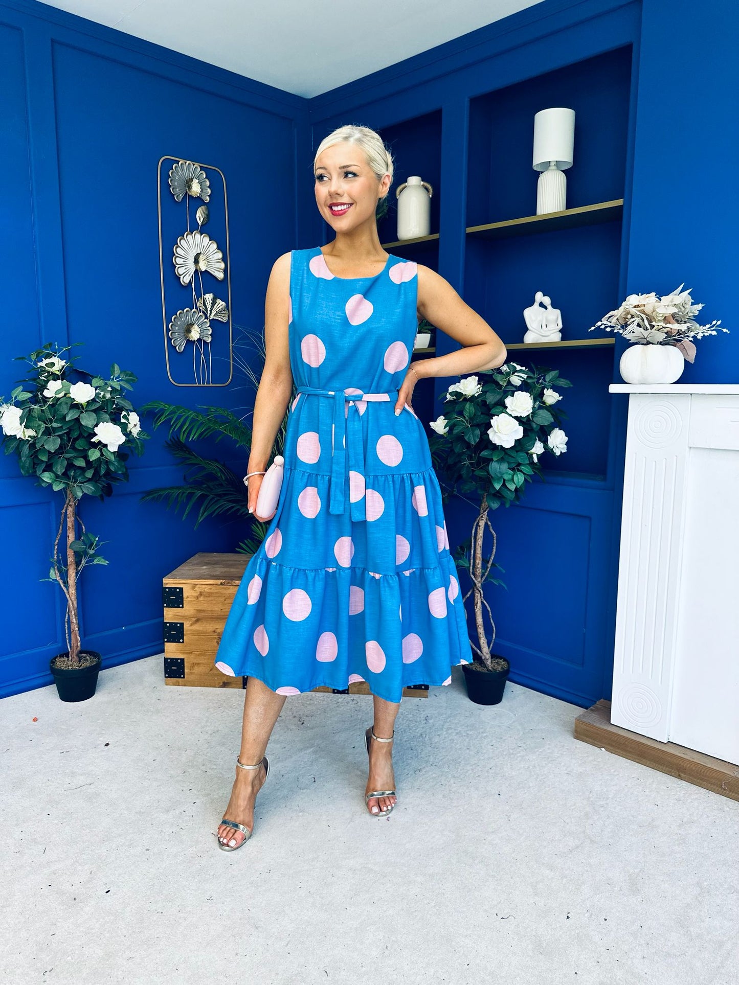 Sadhbh Tiered Midi Dress Pink Polka Blue