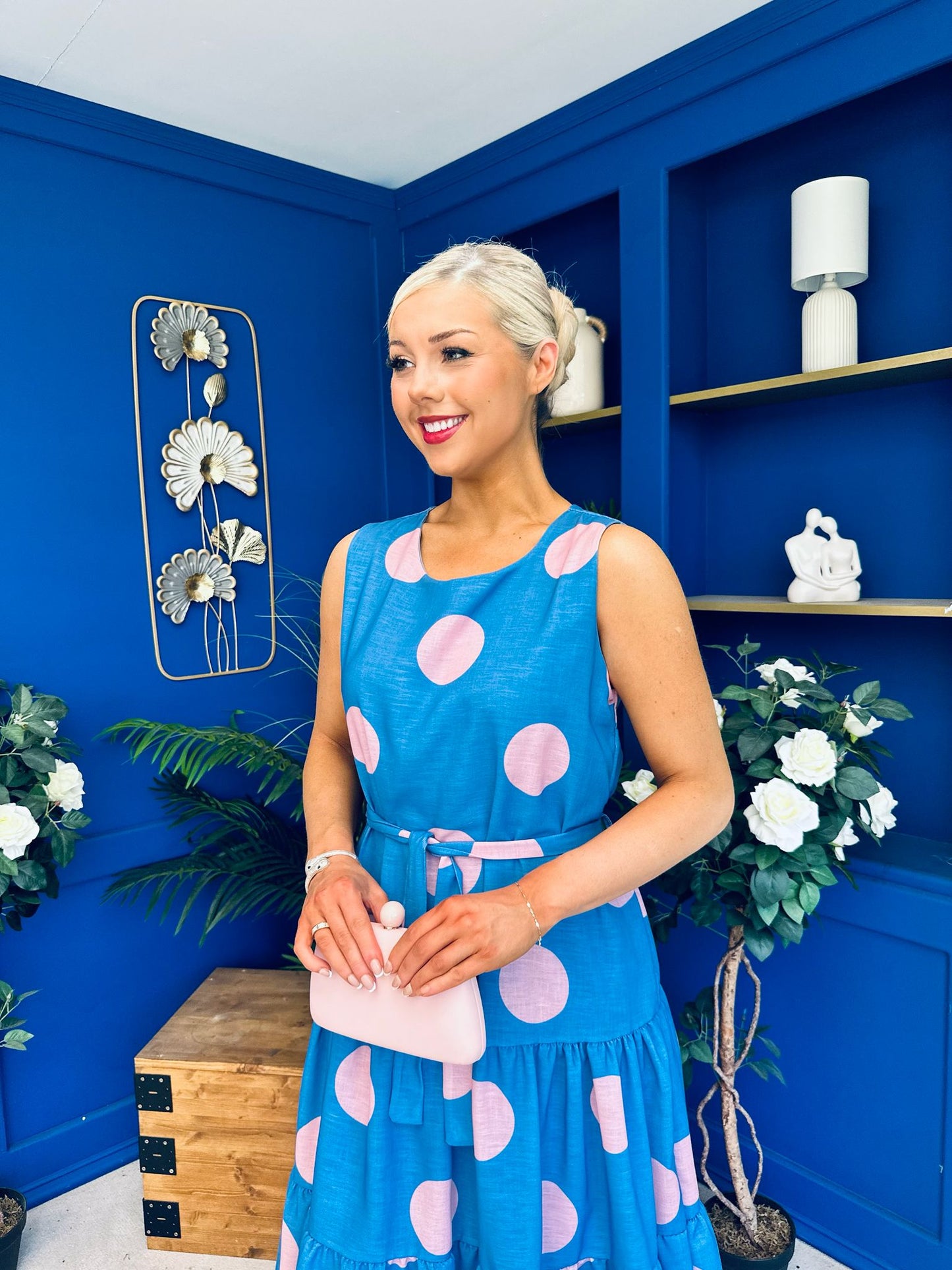 Sadhbh Tiered Midi Dress Pink Polka Blue