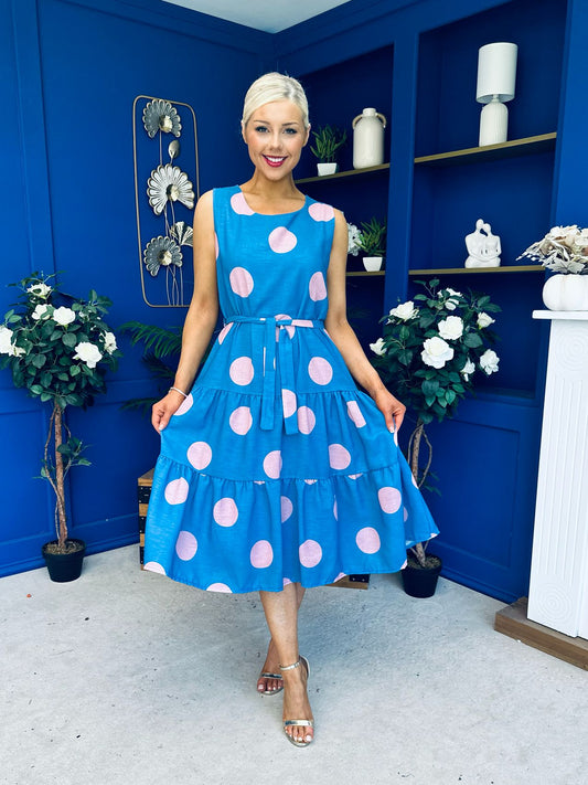 Sadhbh Tiered Midi Dress Pink Polka Blue