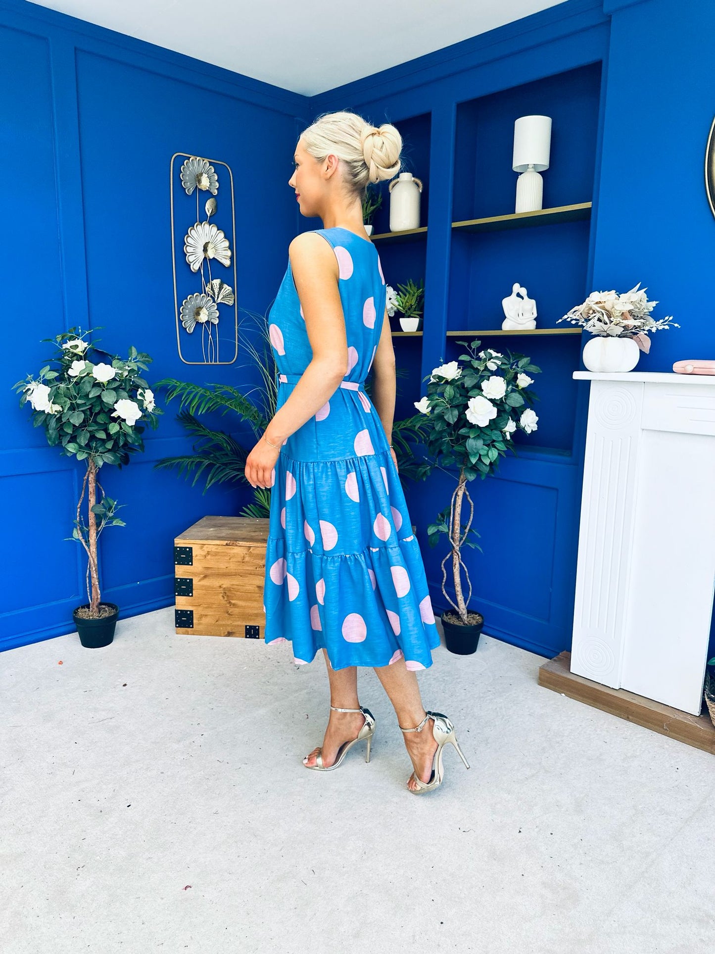 Sadhbh Tiered Midi Dress Pink Polka Blue
