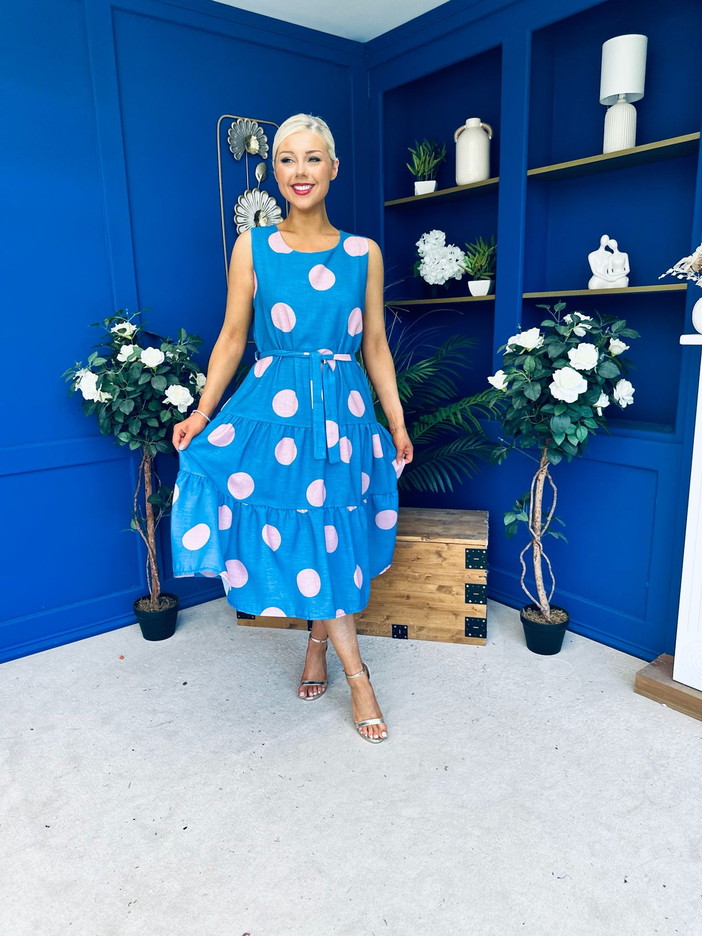 Sadhbh Tiered Midi Dress Pink Polka Blue