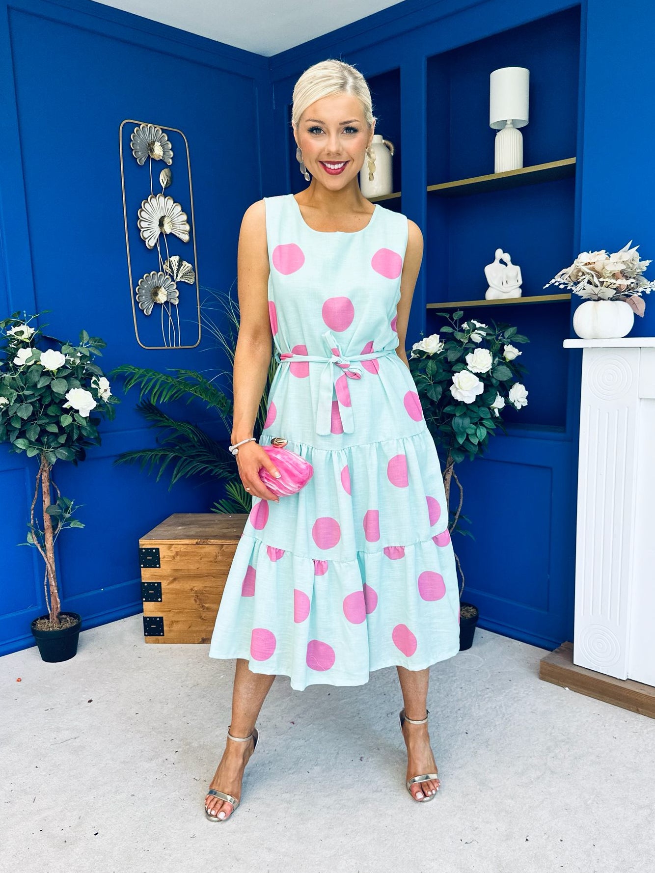 Sadhbh Tiered Midi Dress Pink Polka Pastel