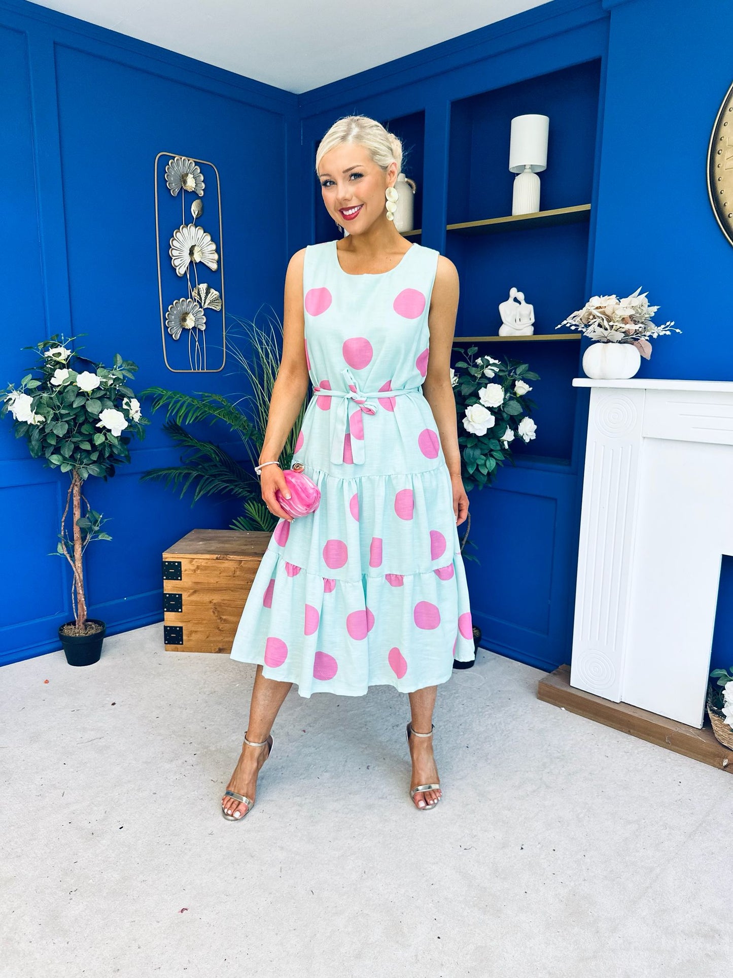 Sadhbh Tiered Midi Dress Pink Polka Pastel