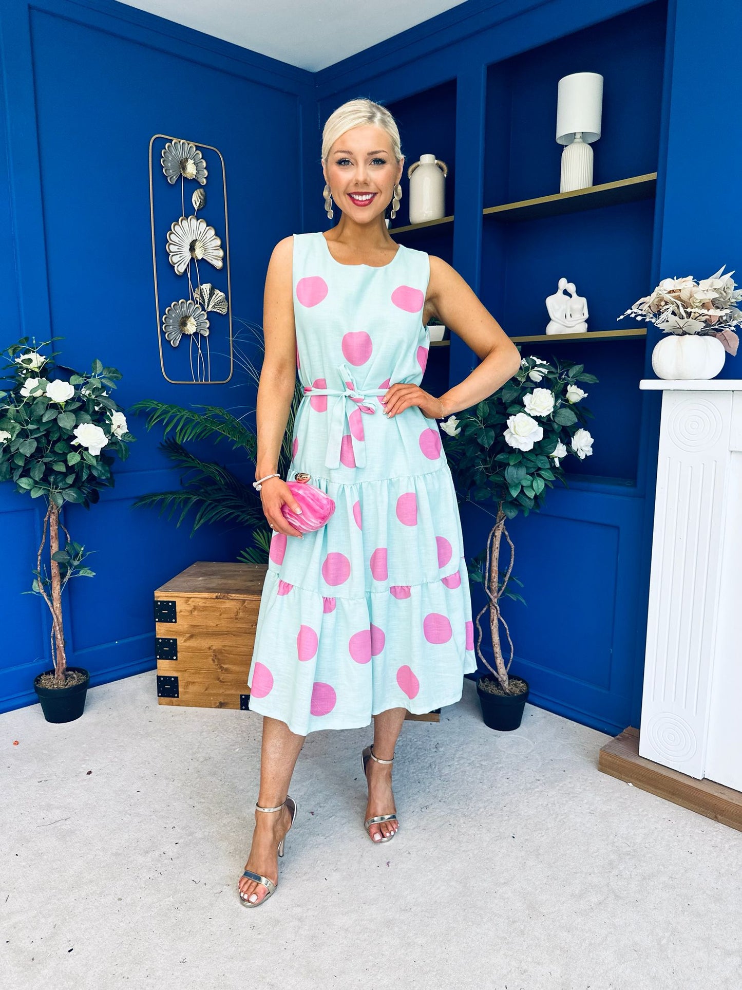 Sadhbh Tiered Midi Dress Pink Polka Pastel