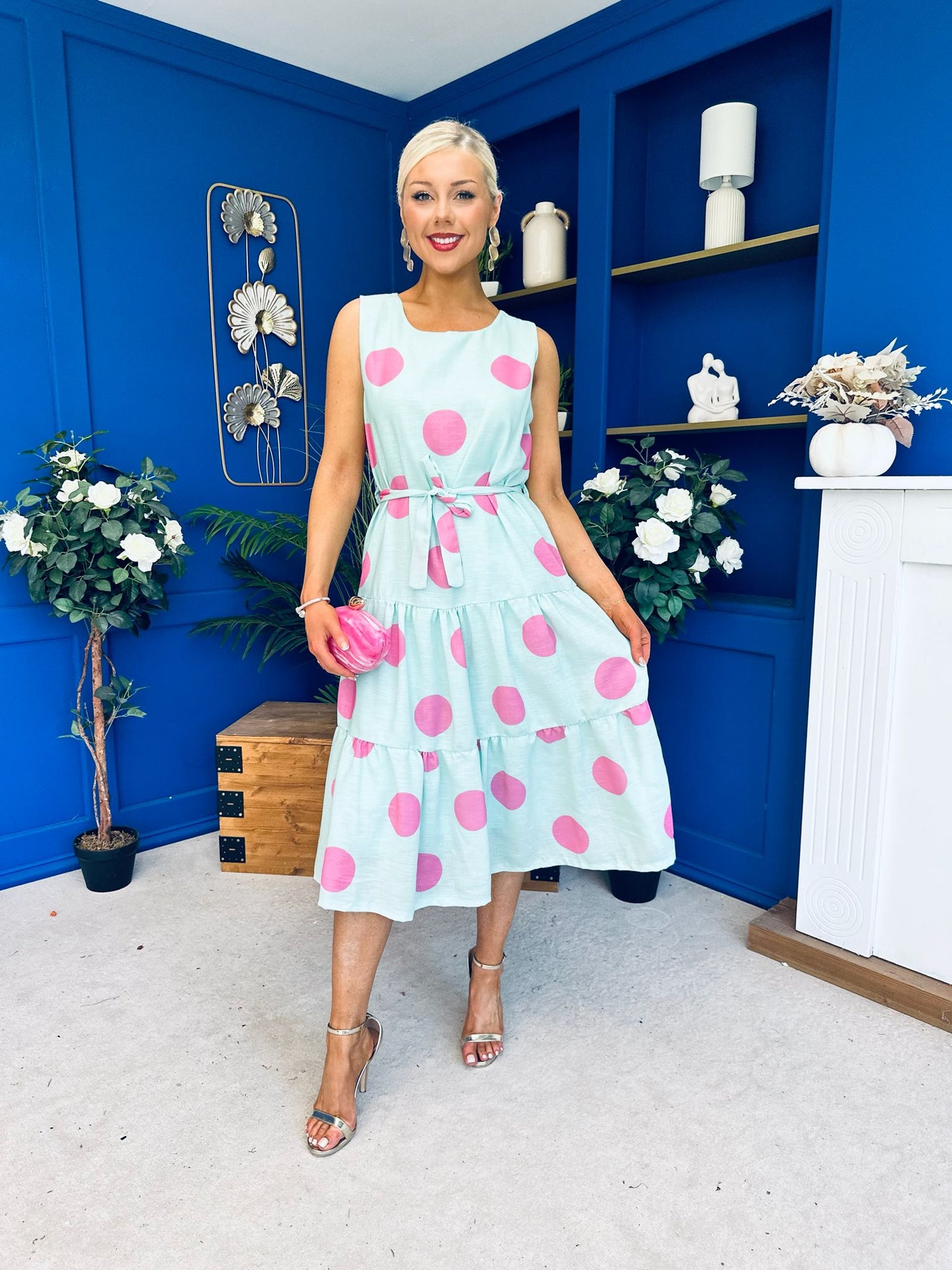 Sadhbh Tiered Midi Dress Pink Polka Pastel