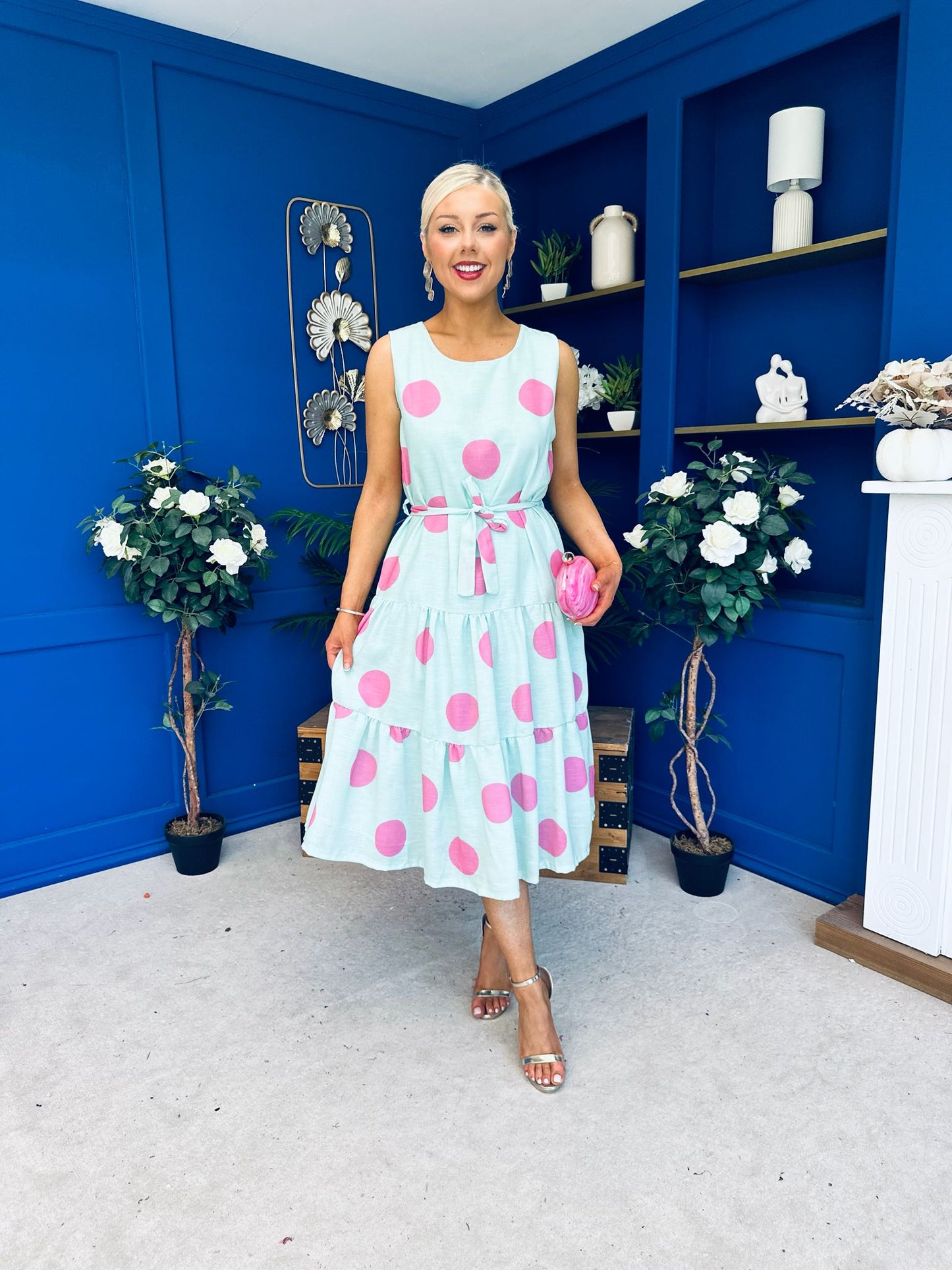 Sadhbh Tiered Midi Dress Pink Polka Pastel