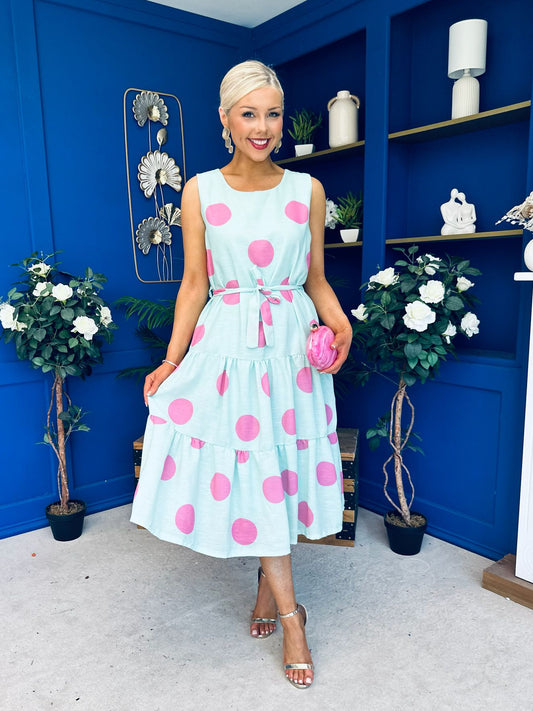 Sadhbh Tiered Midi Dress Pink Polka Pastel