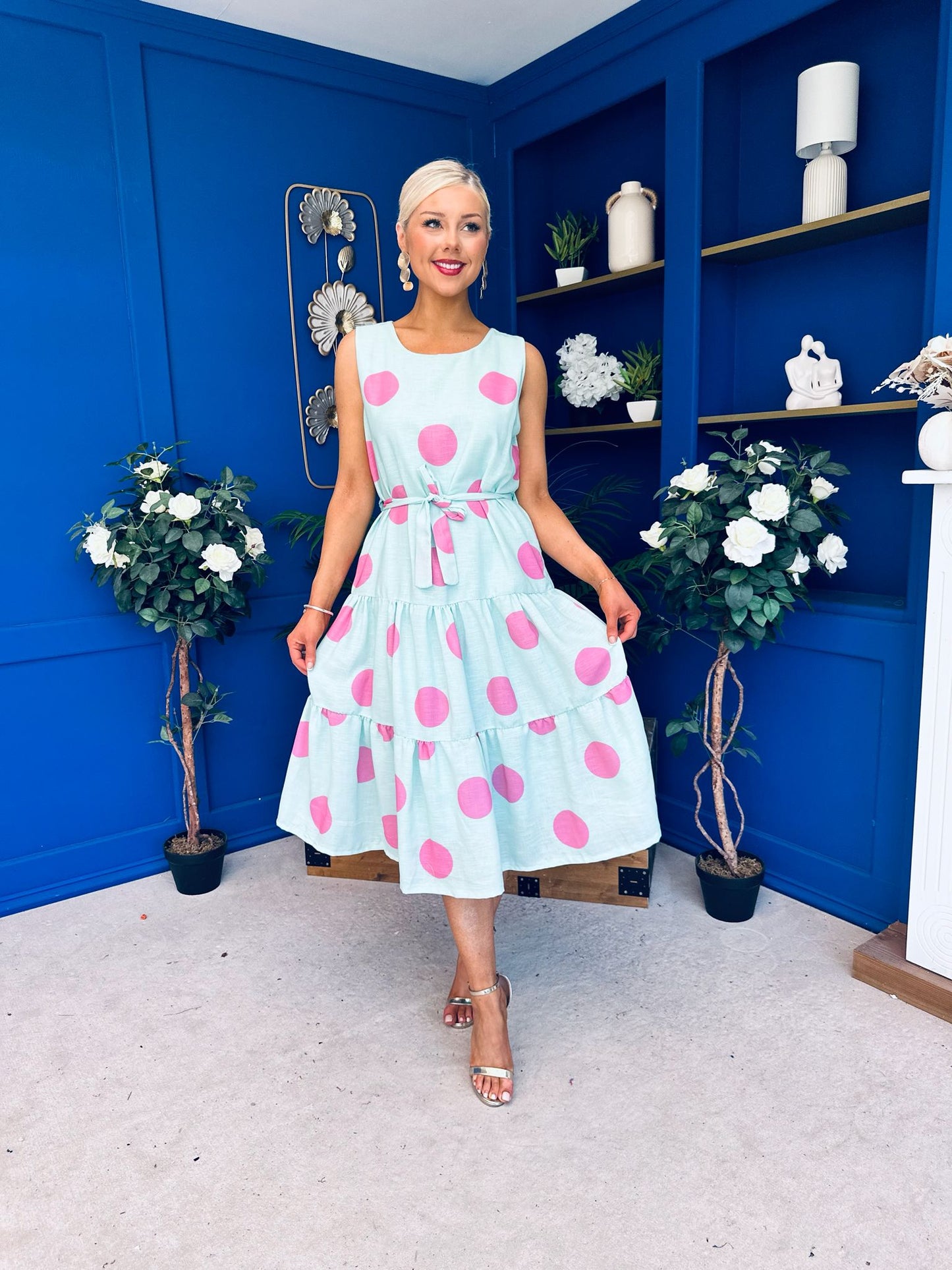 Sadhbh Tiered Midi Dress Pink Polka Pastel