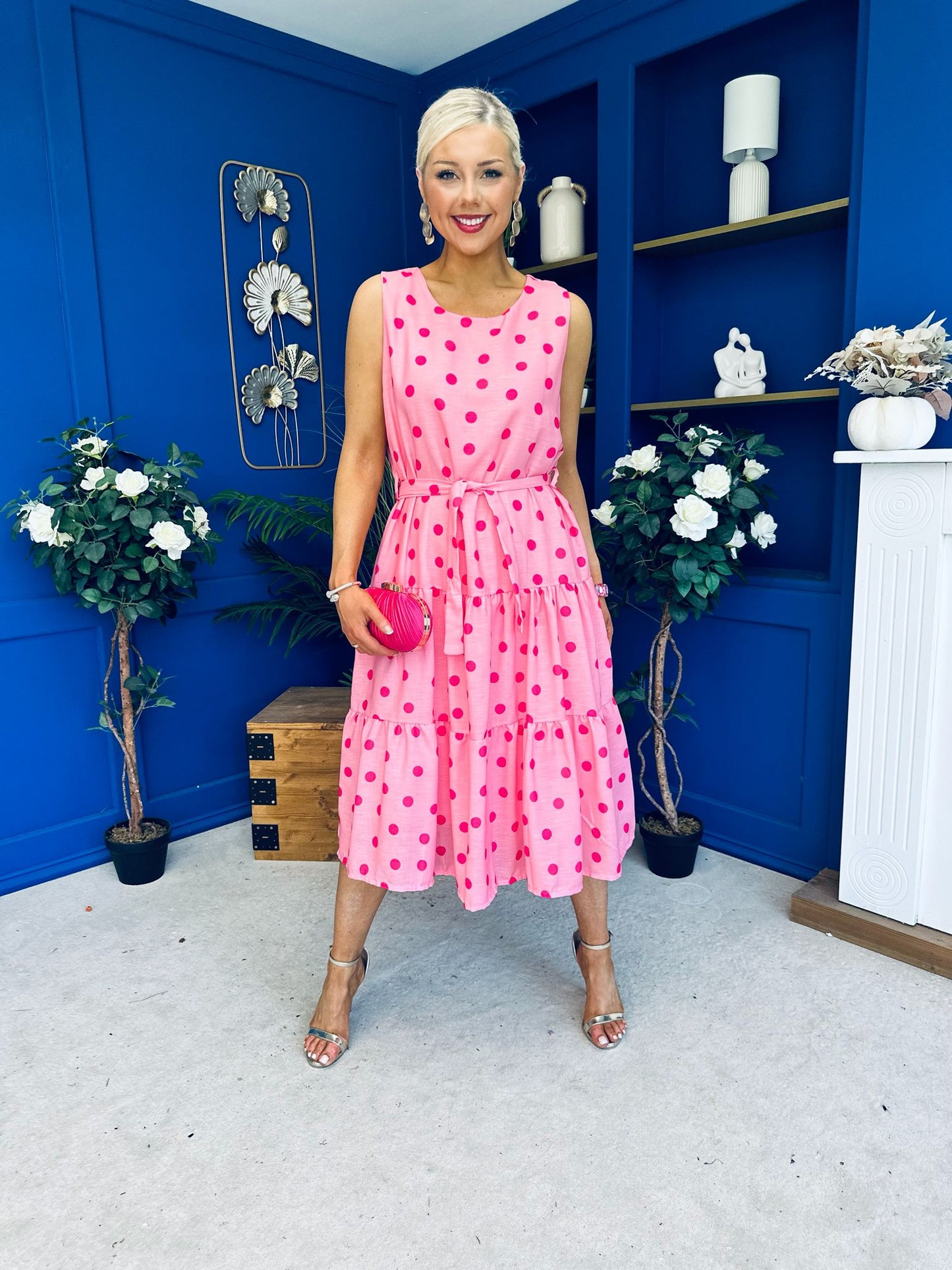 Sadhbh Tiered Midi Dress Cerise Polka Pink