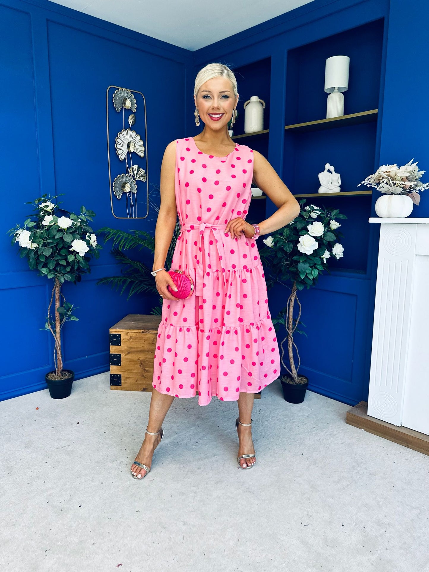 Sadhbh Tiered Midi Dress Cerise Polka Pink