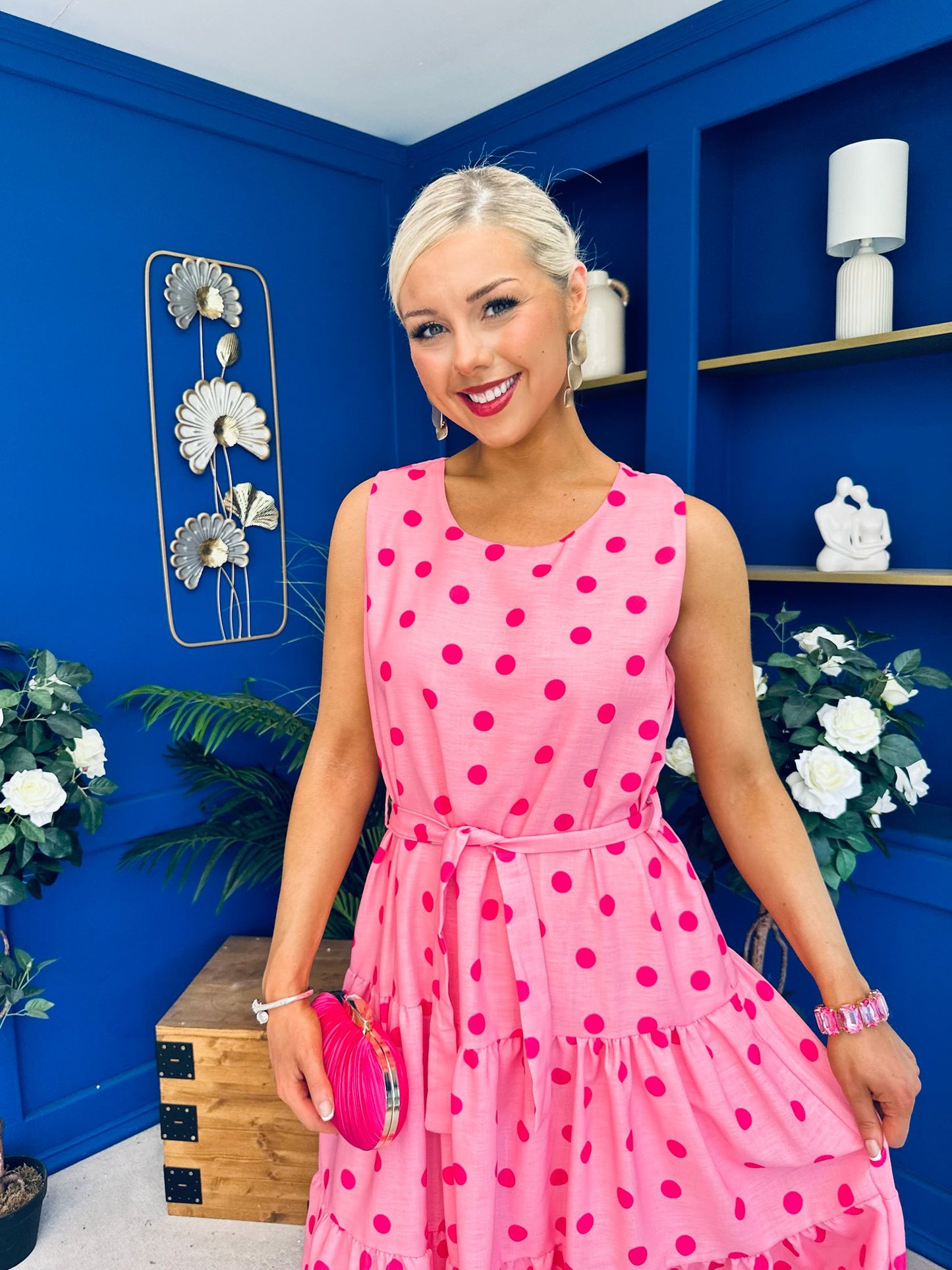 Sadhbh Tiered Midi Dress Cerise Polka Pink