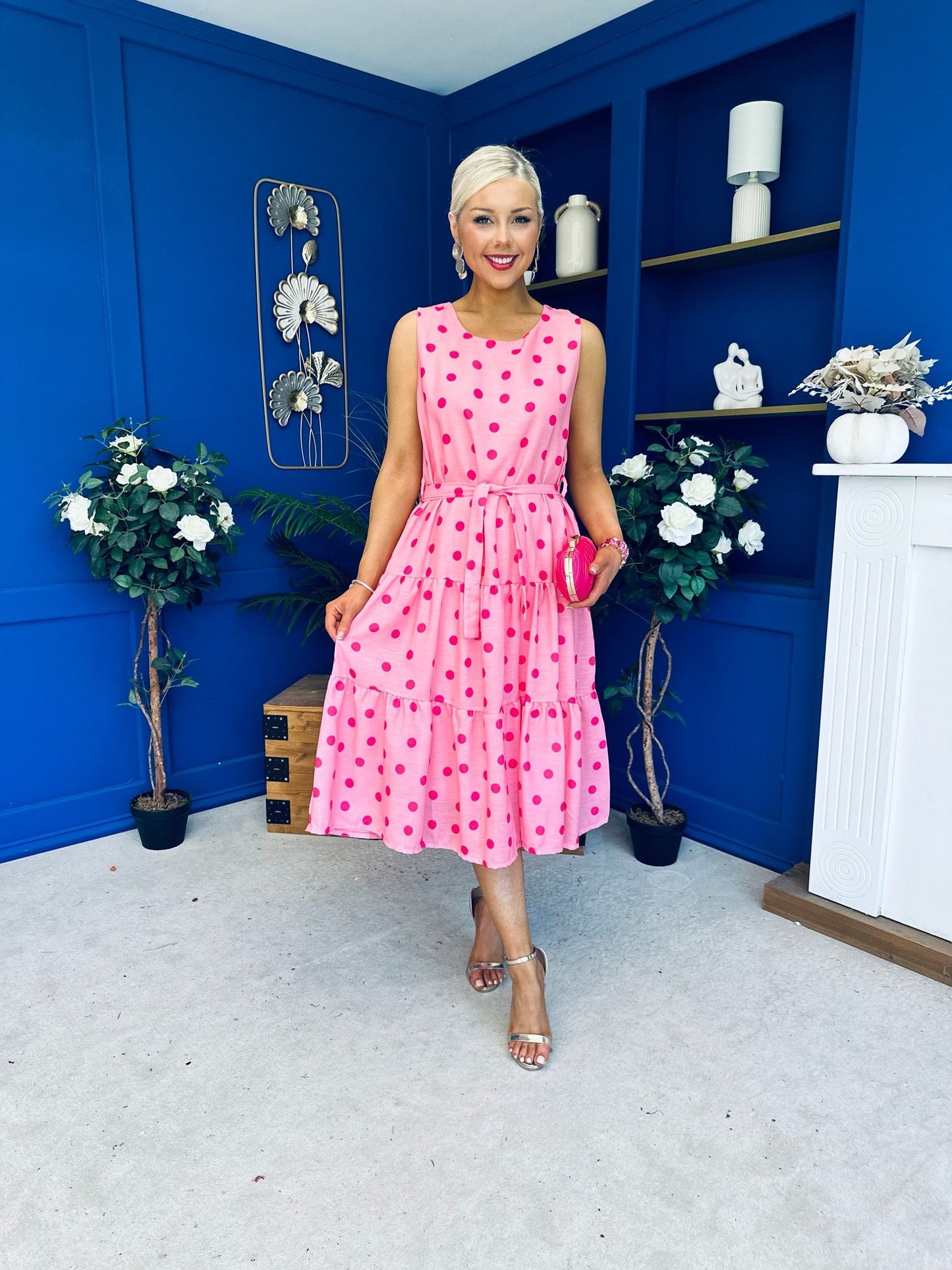 Sadhbh Tiered Midi Dress Cerise Polka Pink
