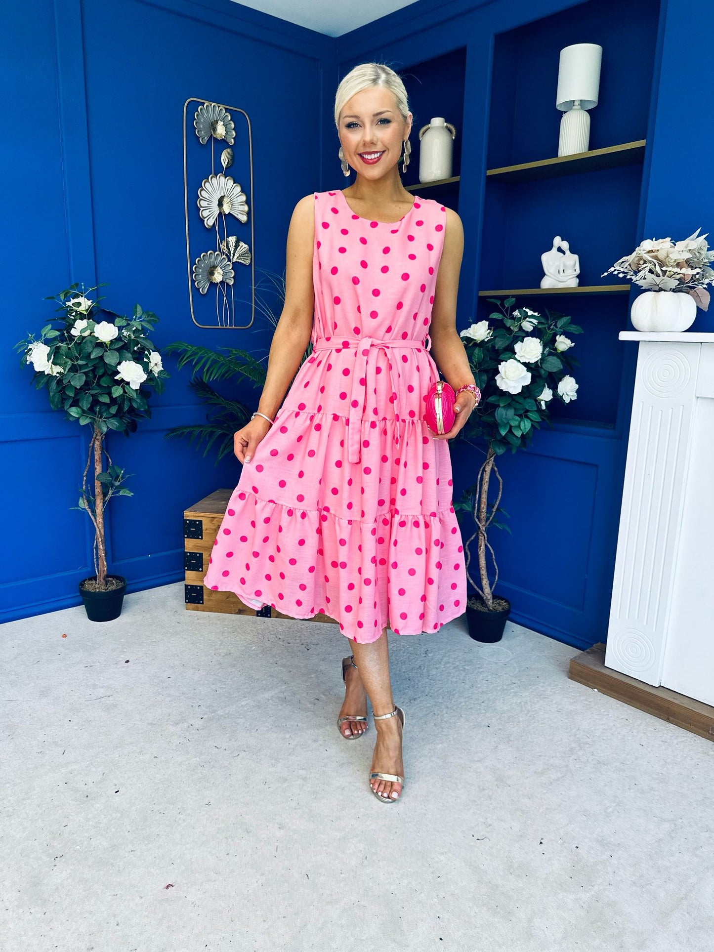 Sadhbh Tiered Midi Dress Cerise Polka Pink