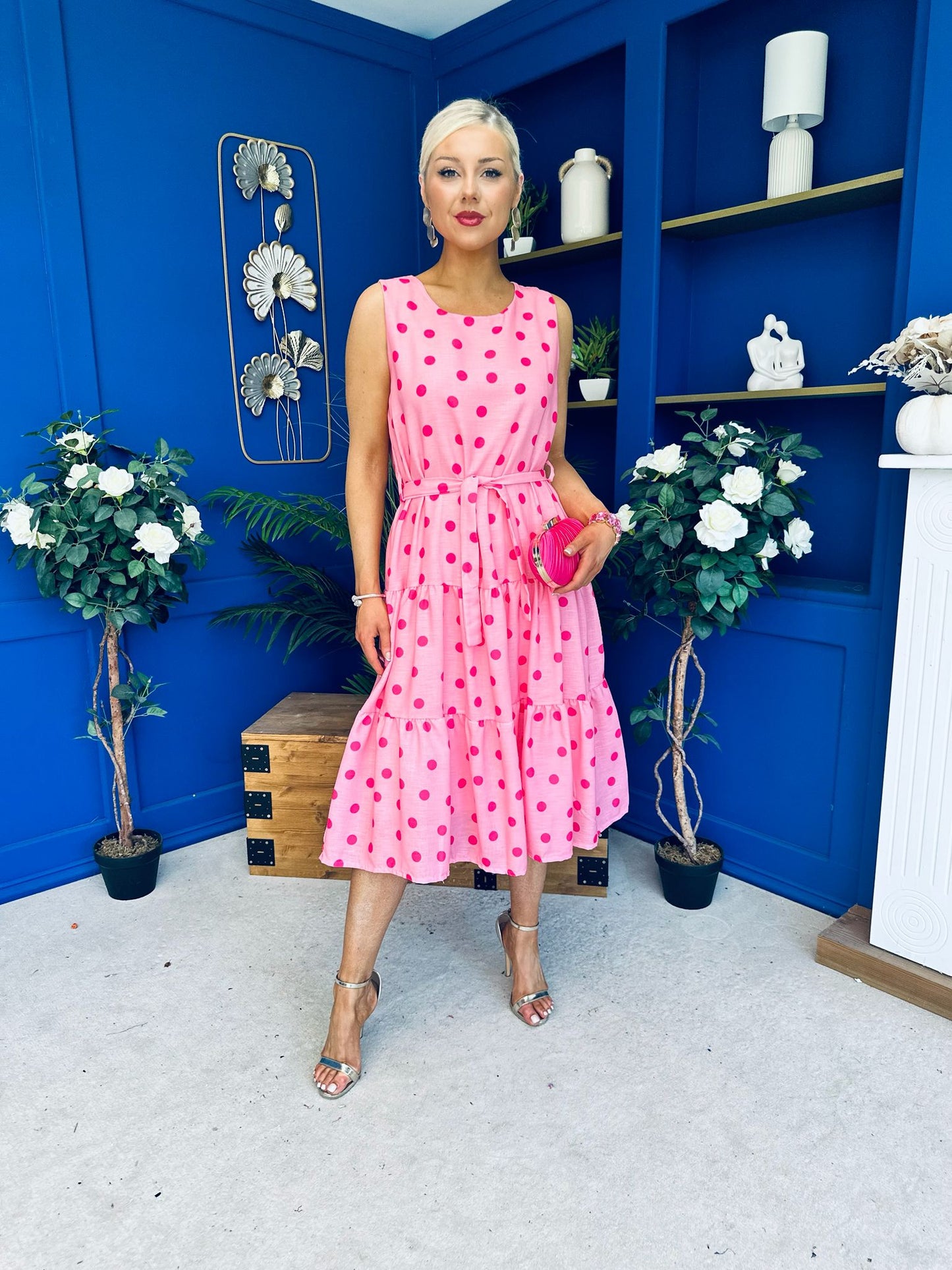 Sadhbh Tiered Midi Dress Cerise Polka Pink