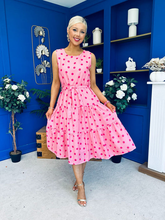 Sadhbh Tiered Midi Dress Cerise Polka Pink