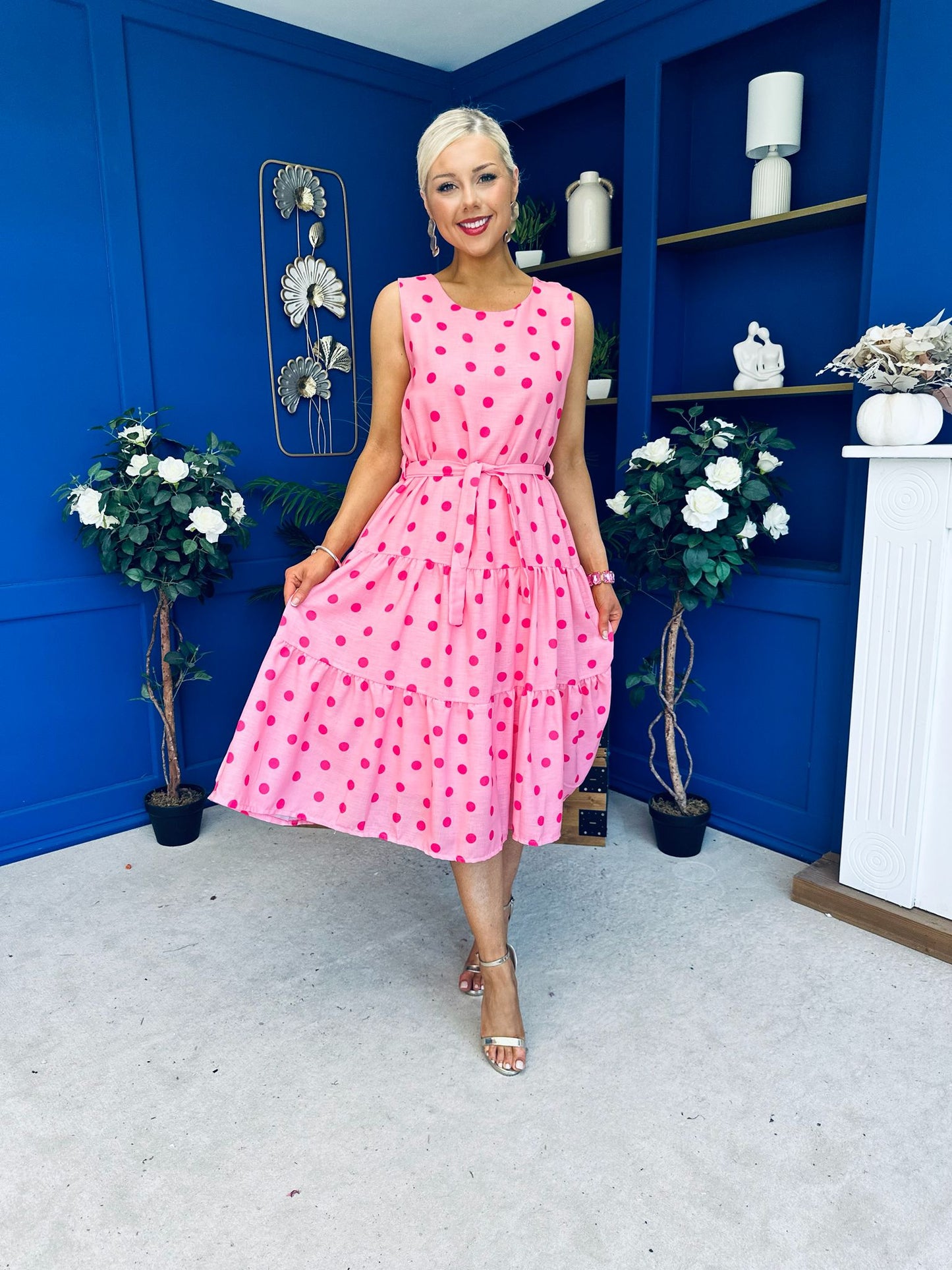 Sadhbh Tiered Midi Dress Cerise Polka Pink