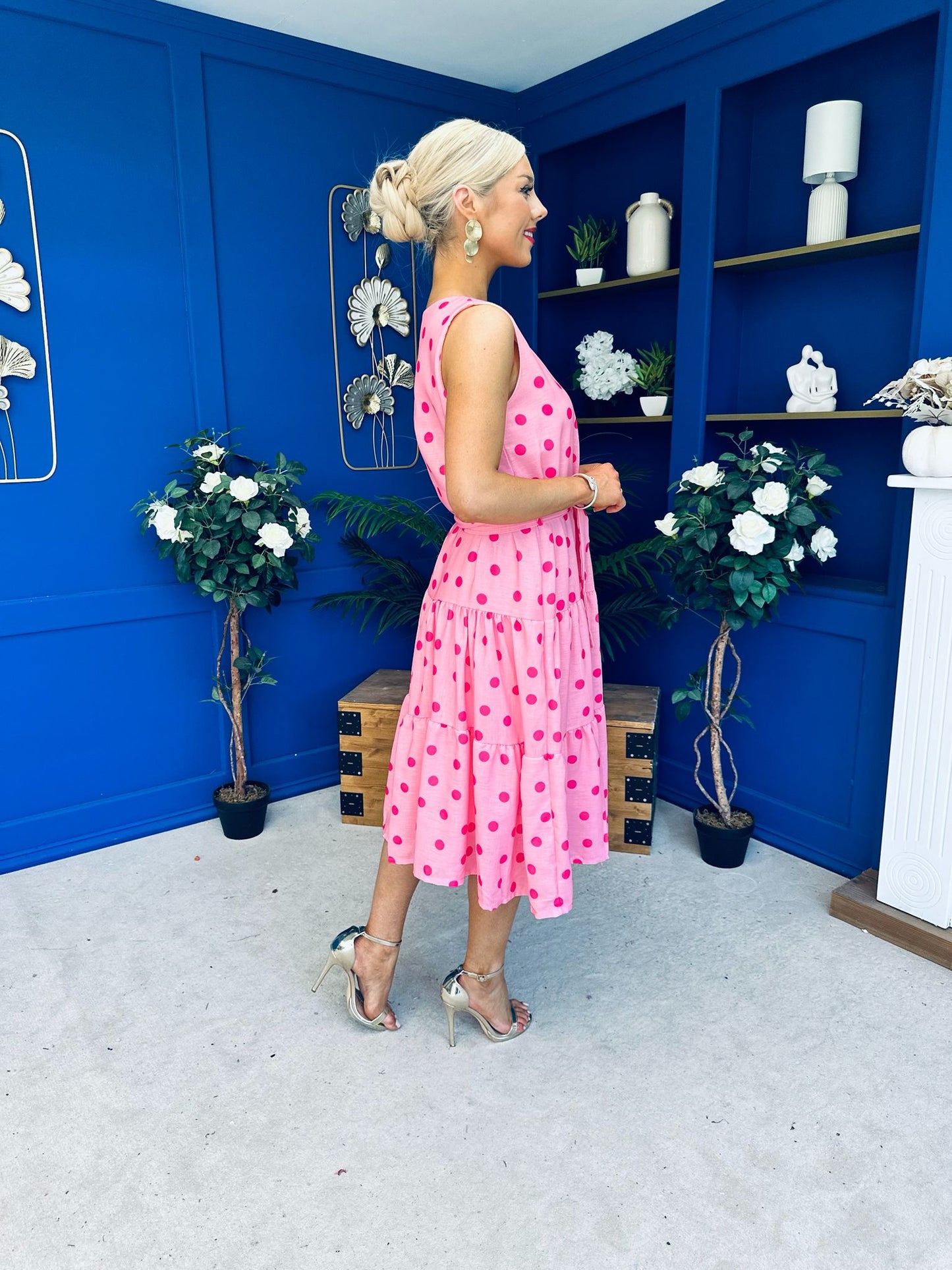 Sadhbh Tiered Midi Dress Cerise Polka Pink