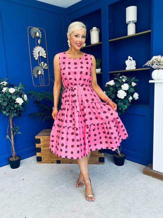 Sadhbh Tiered Midi Dress Coco Polka Cerise