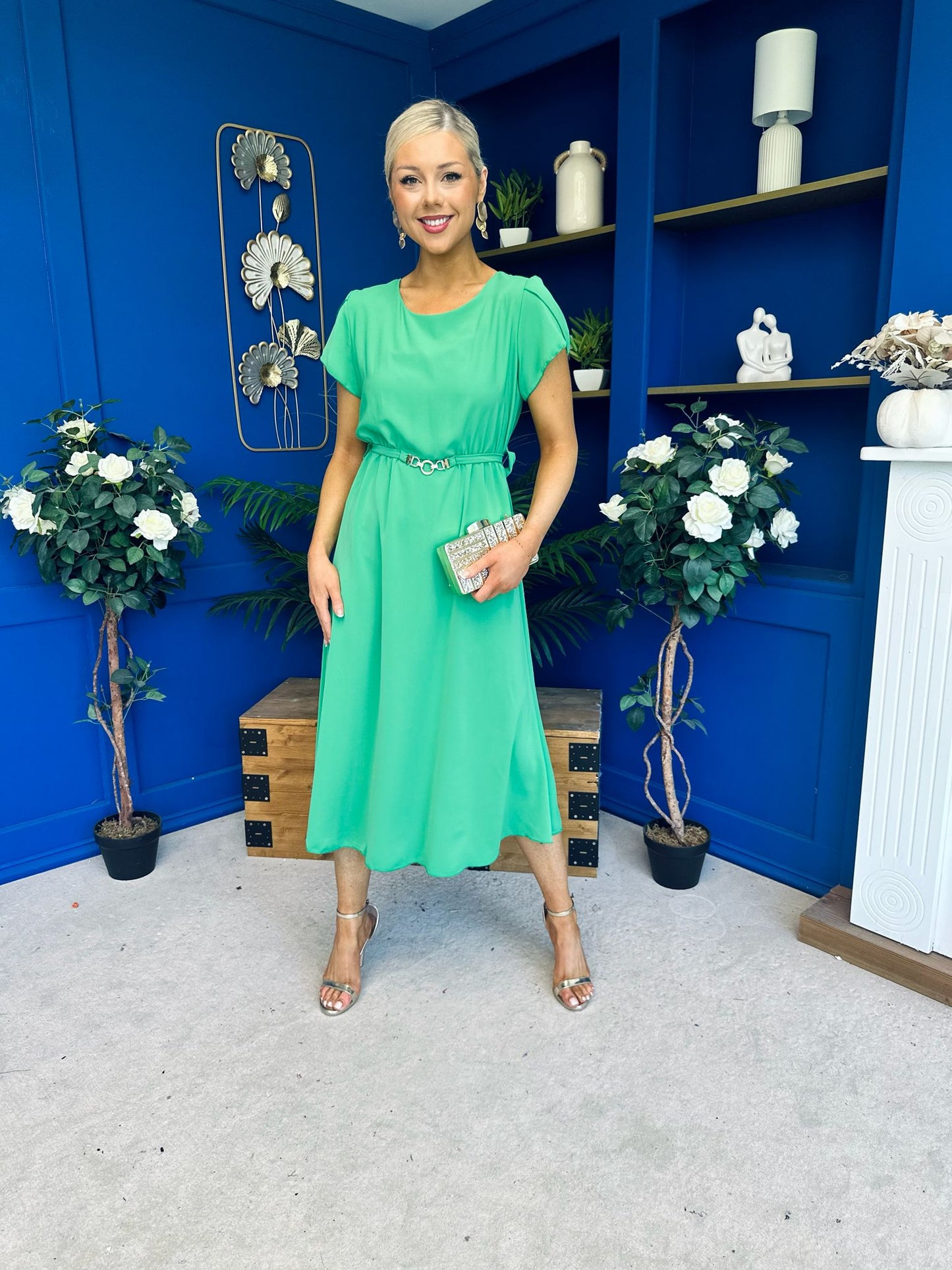 Sadie Gold Belt Detail Midi Dress Emerald