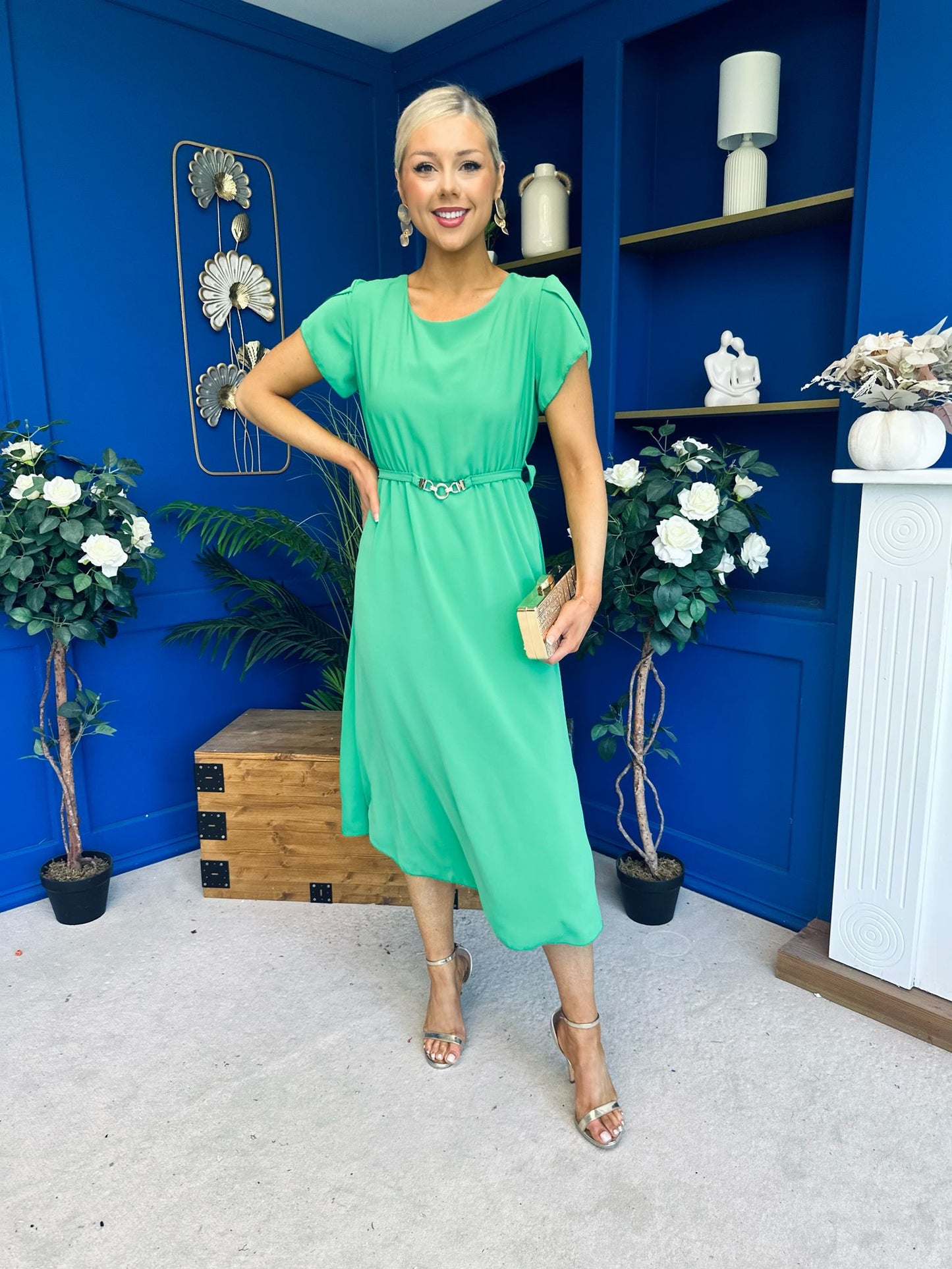 Sadie Gold Belt Detail Midi Dress Emerald