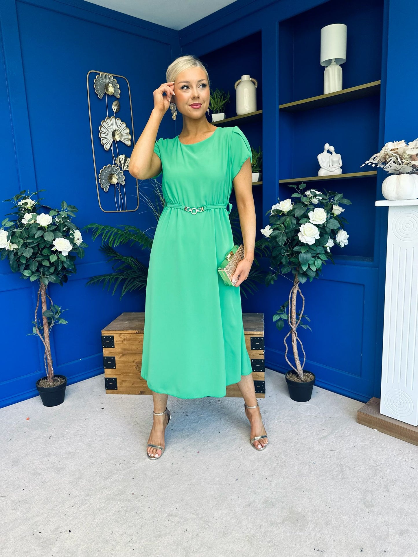 Sadie Gold Belt Detail Midi Dress Emerald