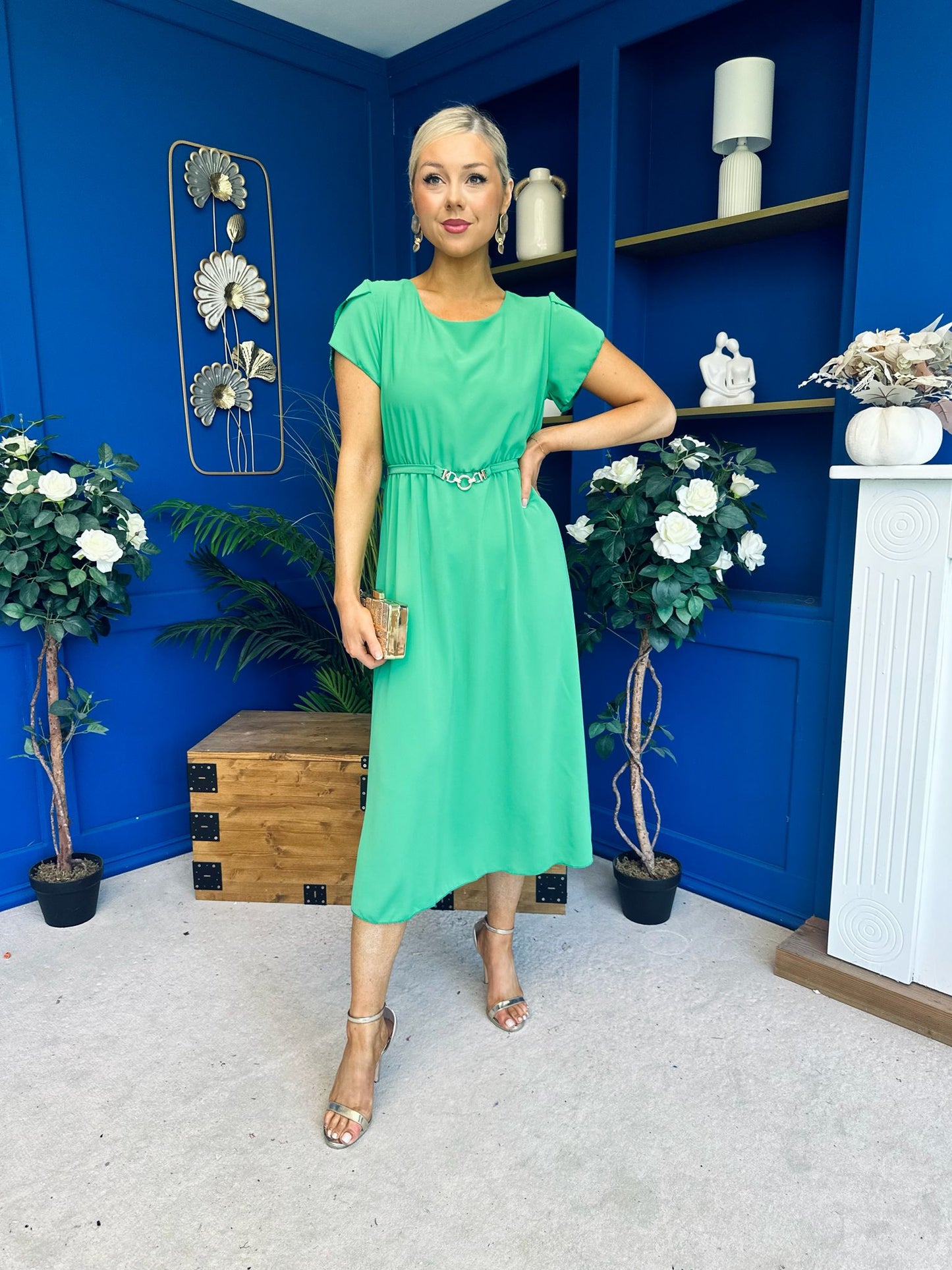Sadie Gold Belt Detail Midi Dress Emerald