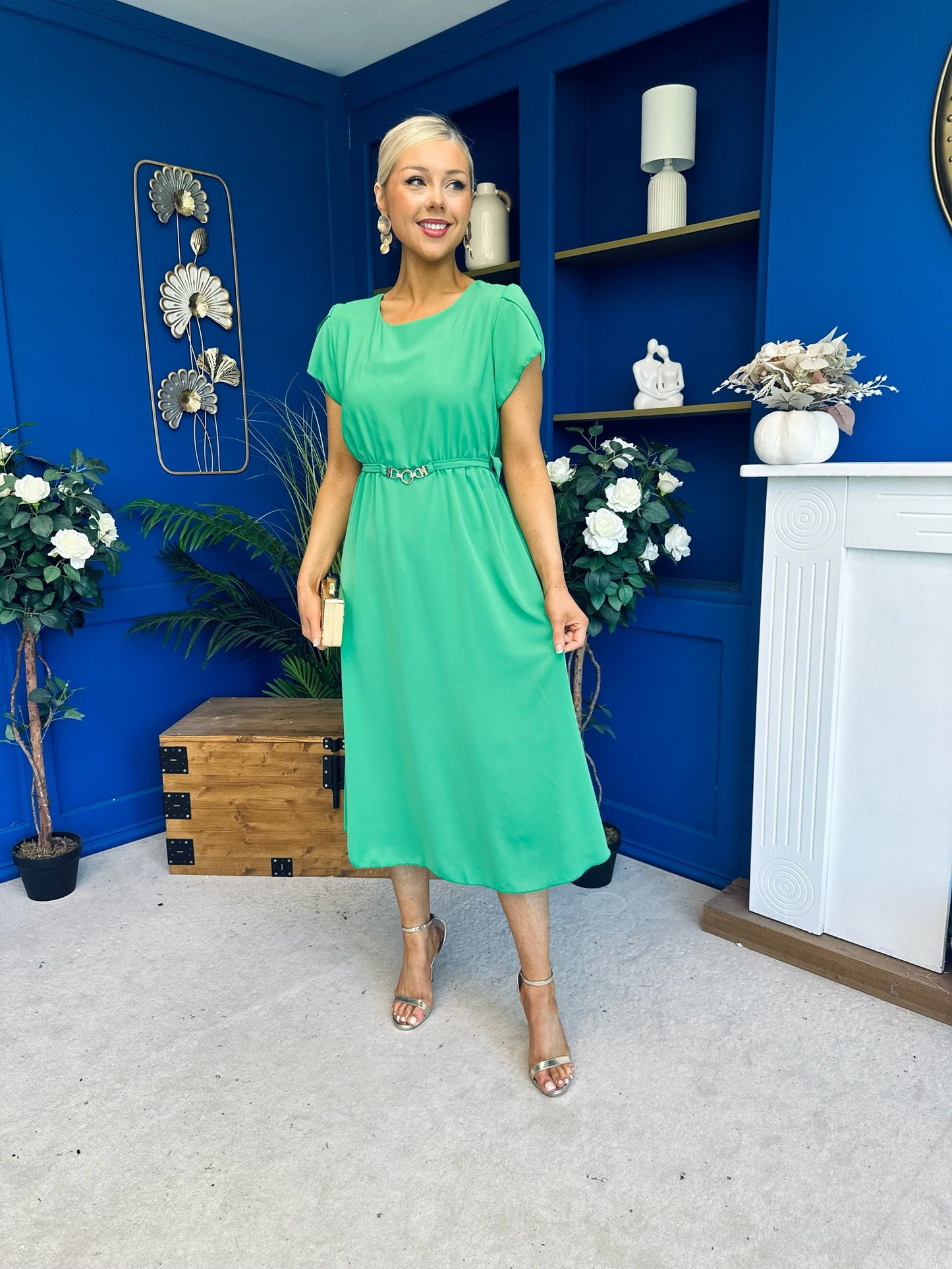Sadie Gold Belt Detail Midi Dress Emerald