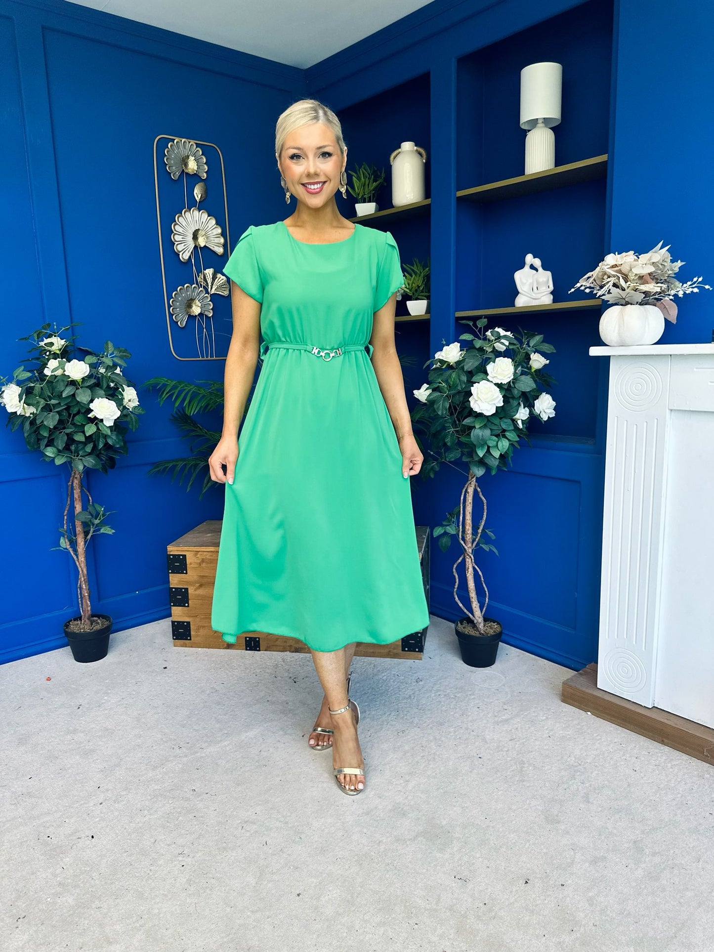 Sadie Gold Belt Detail Midi Dress Emerald