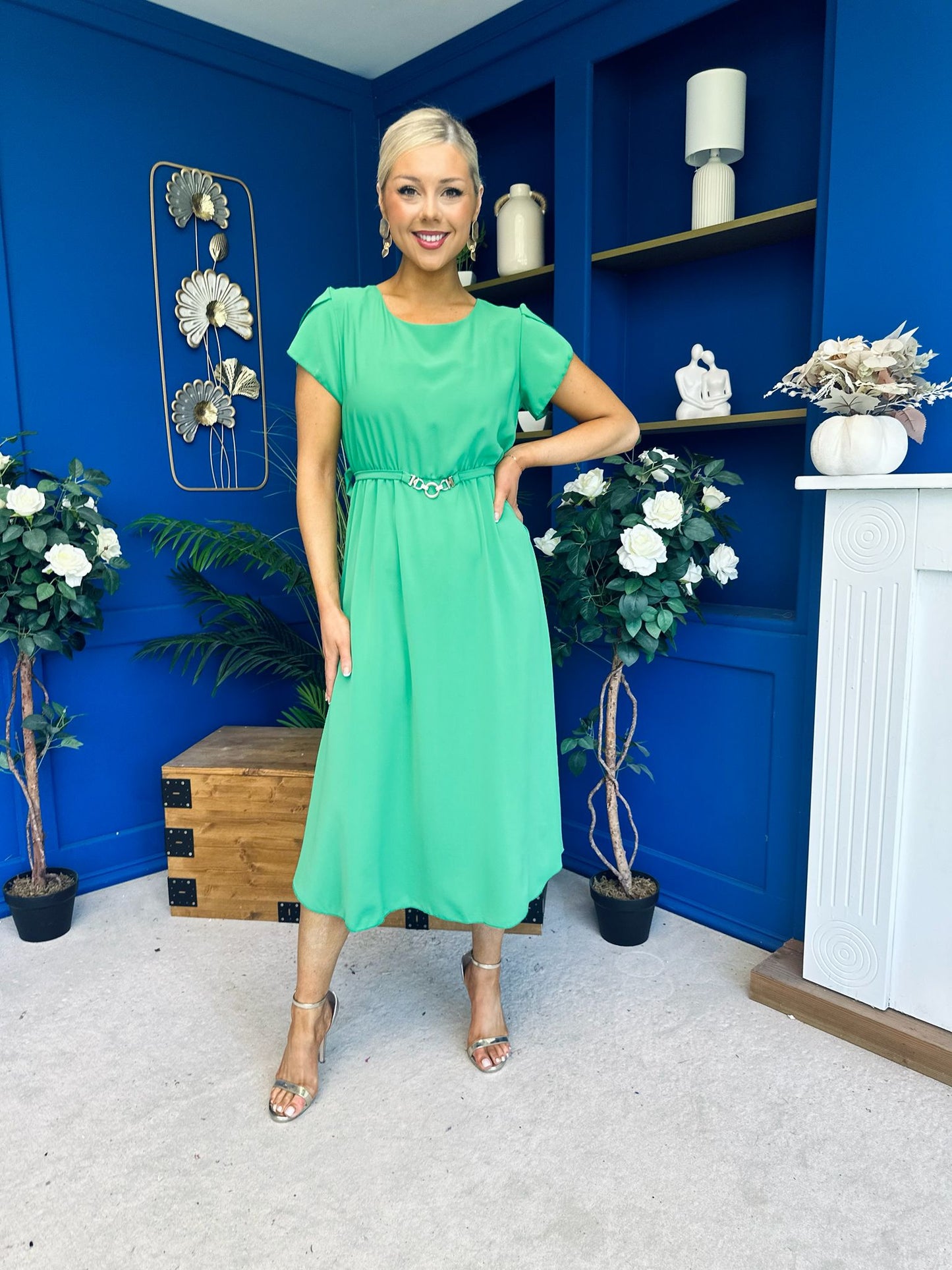 Sadie Gold Belt Detail Midi Dress Emerald