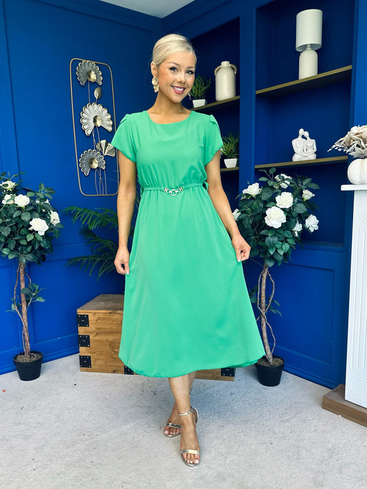 Sadie Gold Belt Detail Midi Dress Emerald