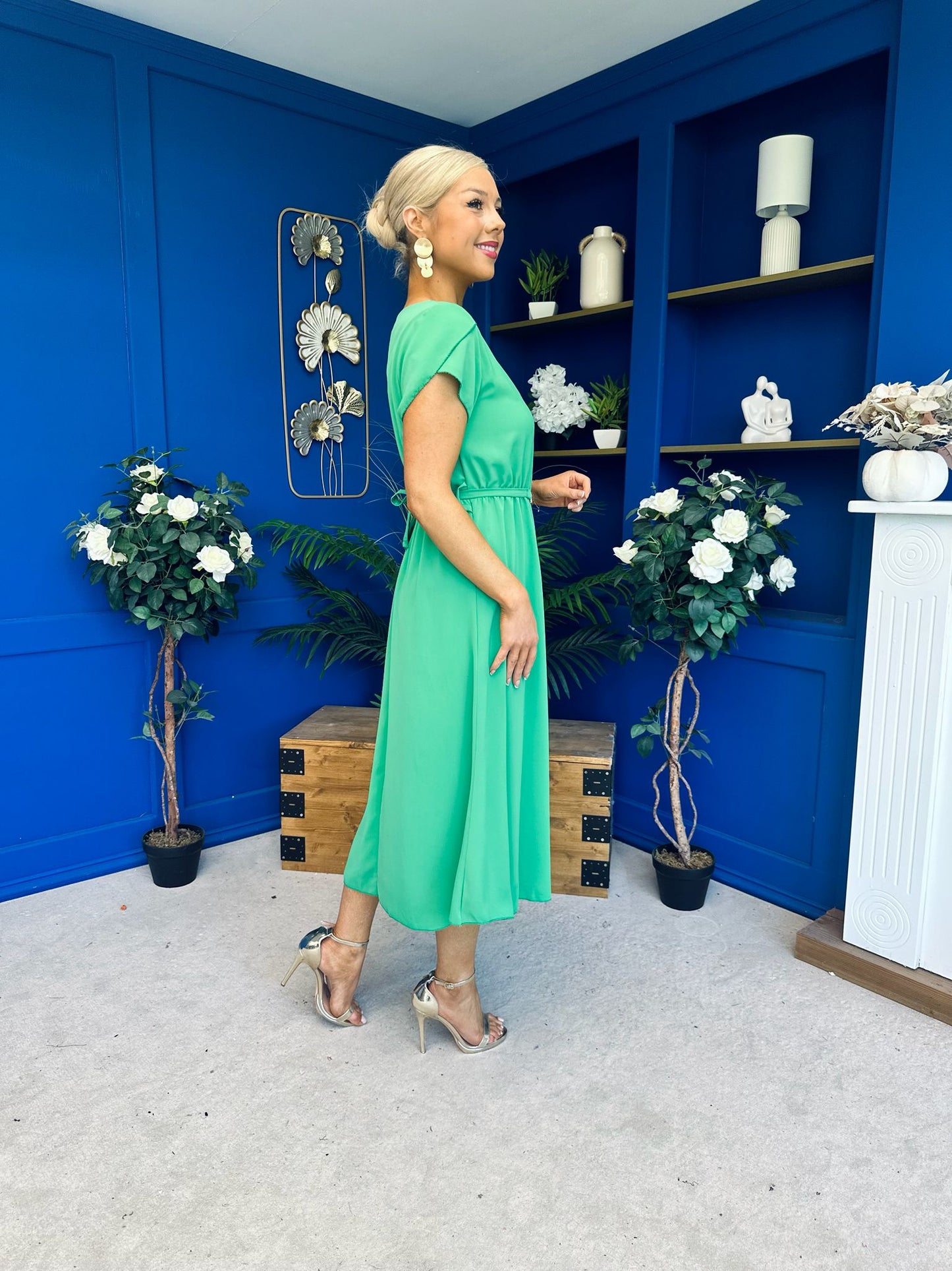 Sadie Gold Belt Detail Midi Dress Emerald
