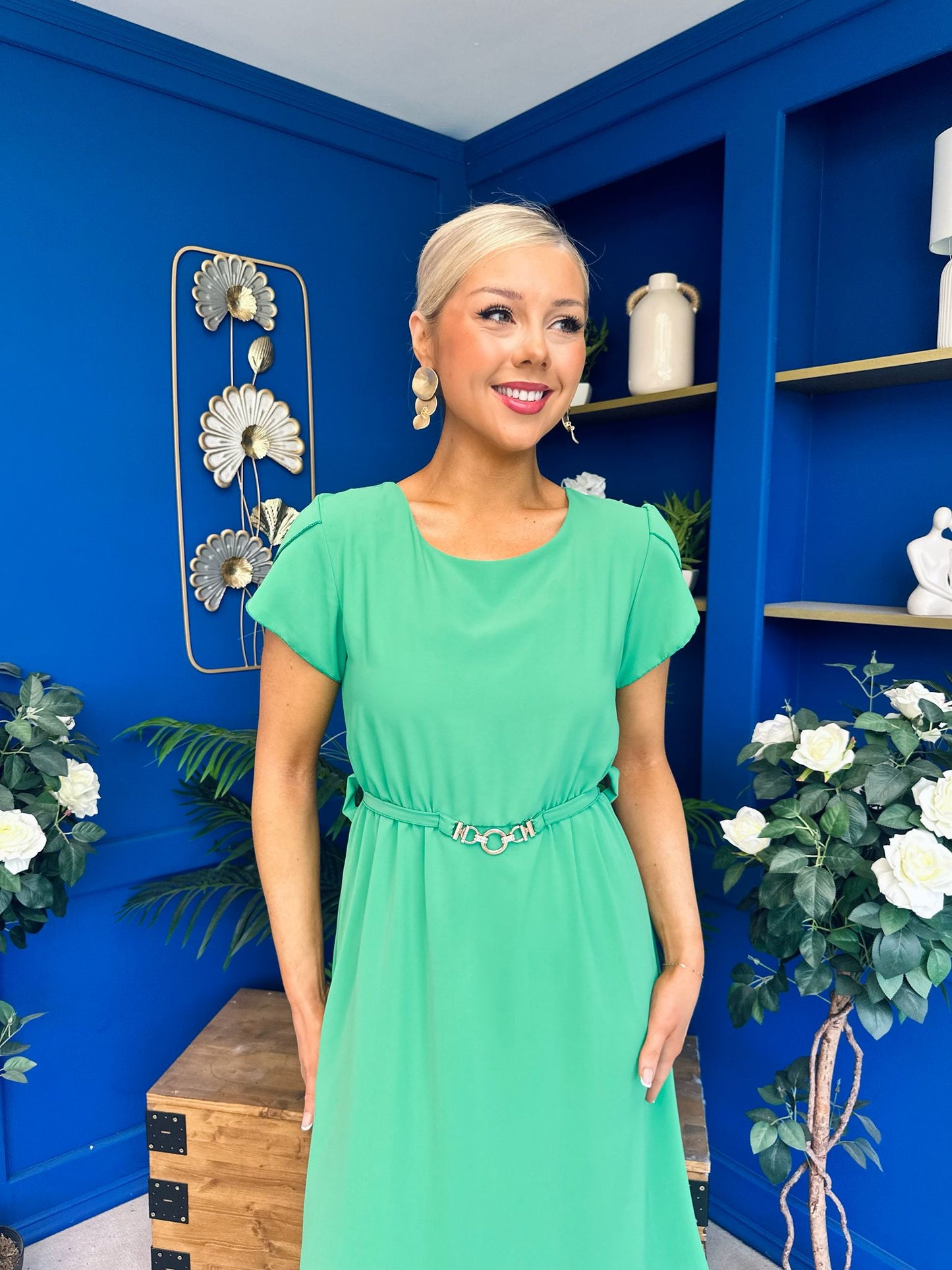 Sadie Gold Belt Detail Midi Dress Emerald