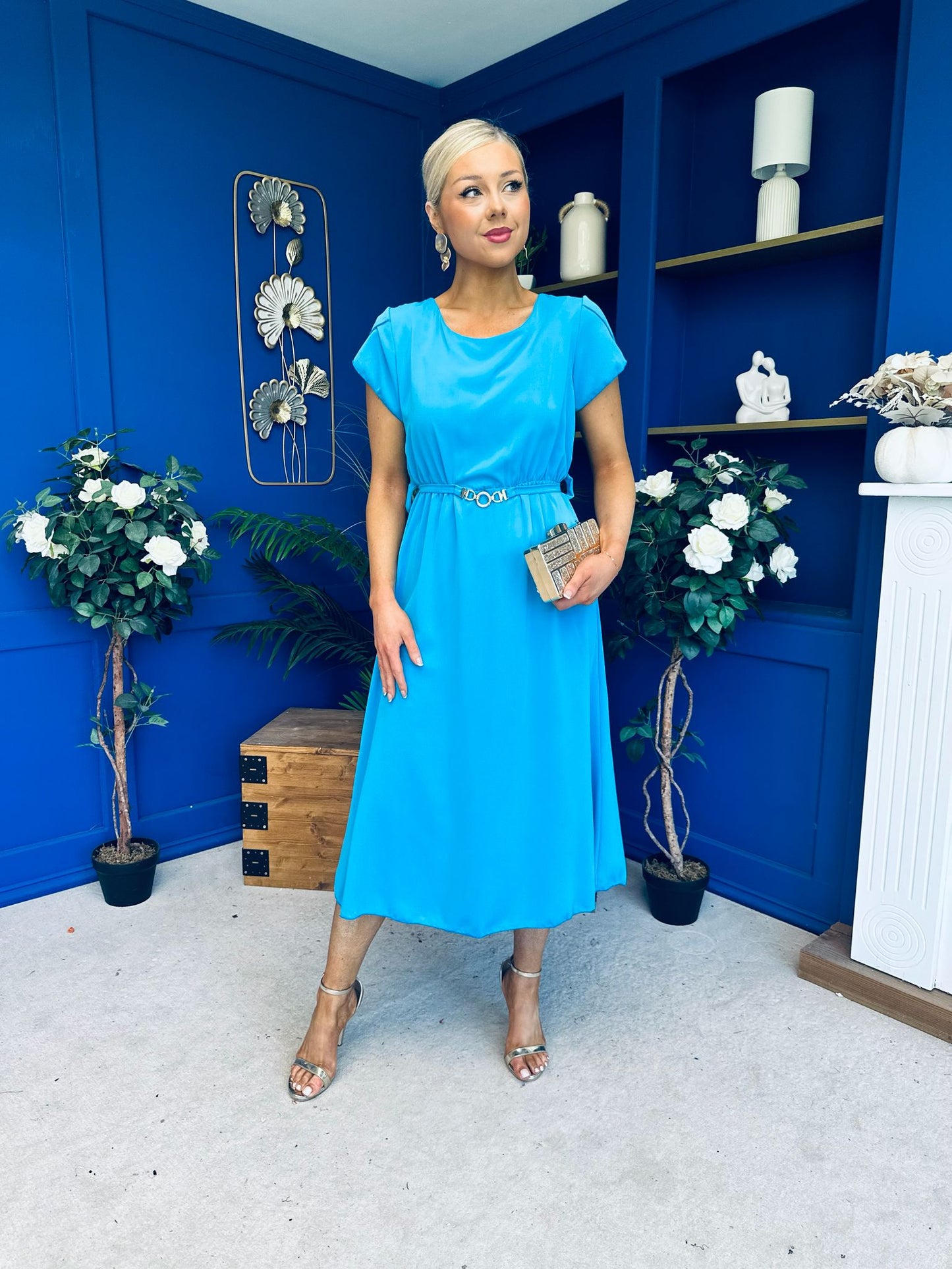Sadie Gold Belt Detail Midi Dress Cyan
