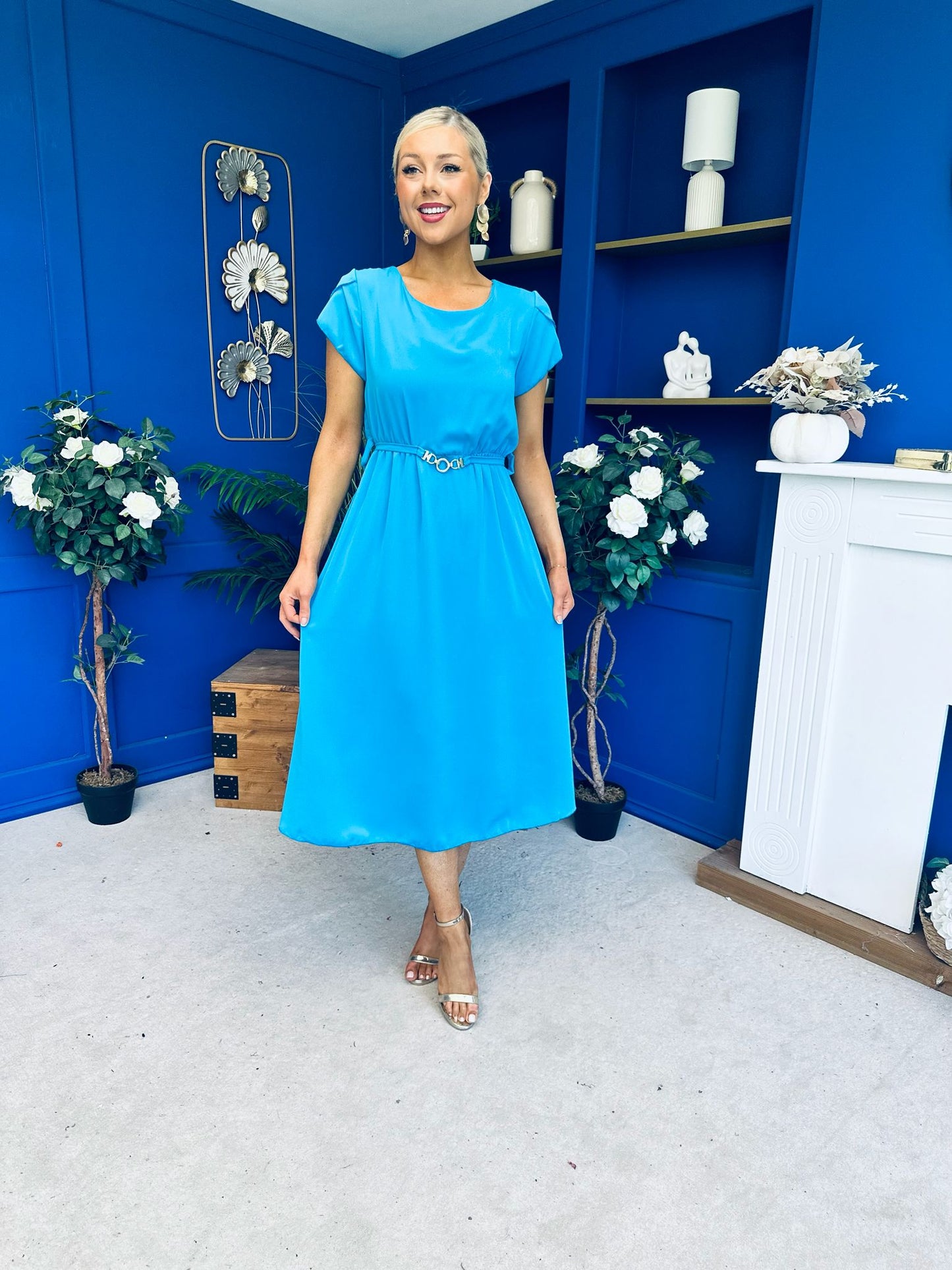 Sadie Gold Belt Detail Midi Dress Cyan