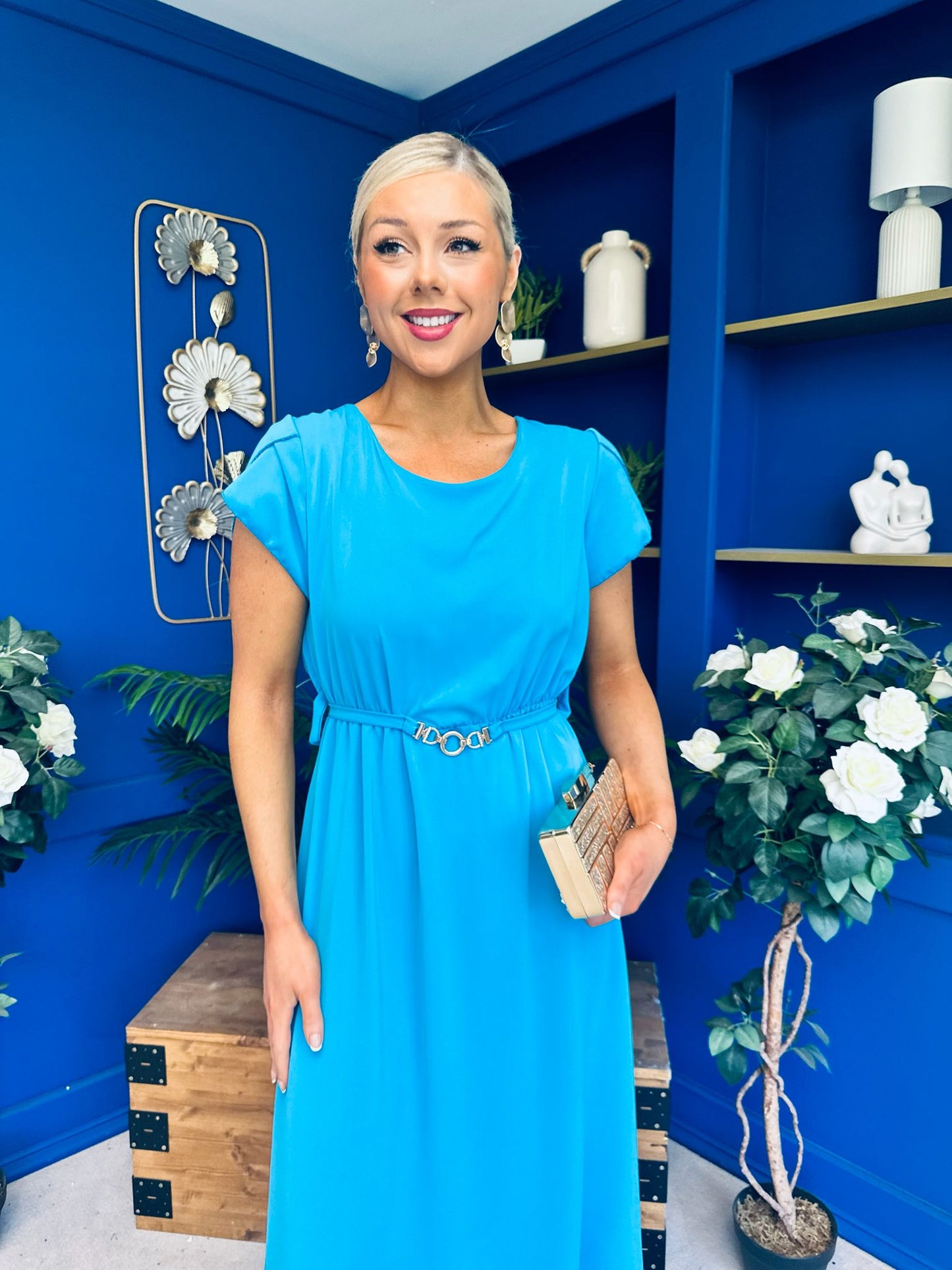 Sadie Gold Belt Detail Midi Dress Cyan