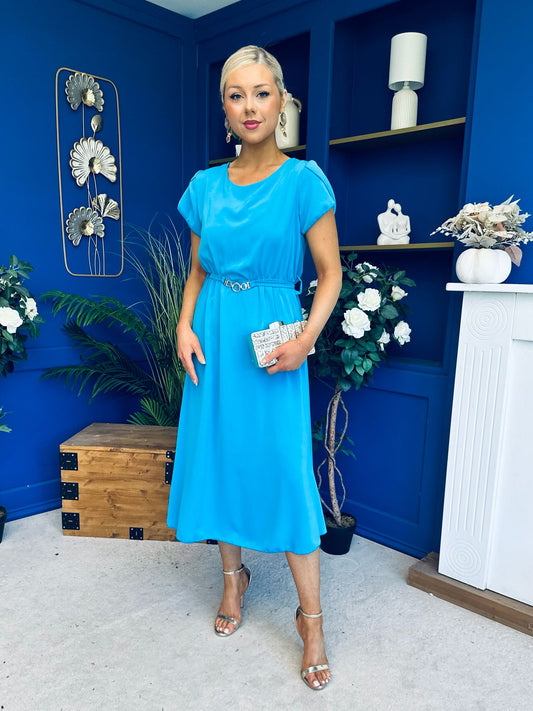 Sadie Gold Belt Detail Midi Dress Cyan