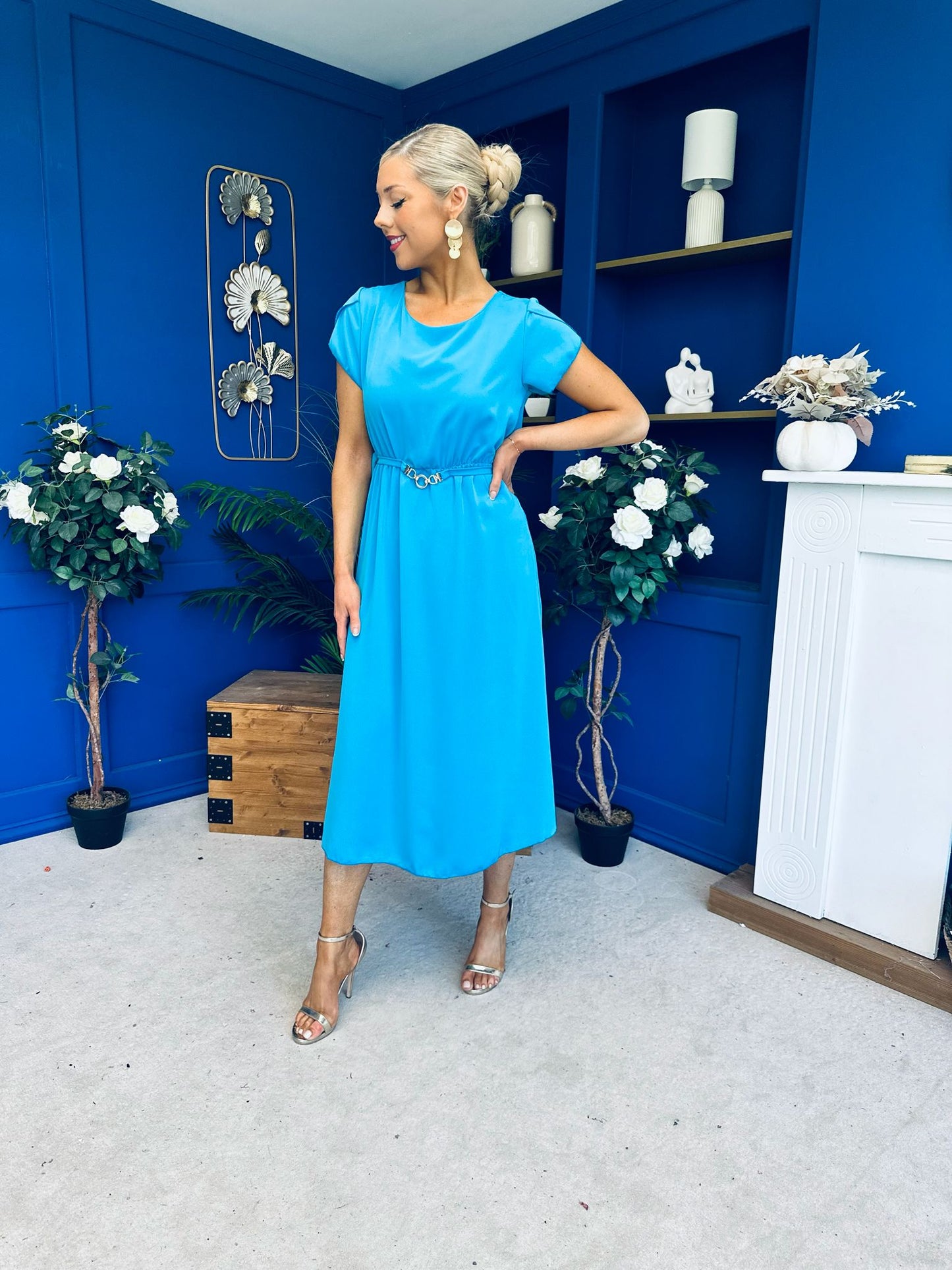 Sadie Gold Belt Detail Midi Dress Cyan