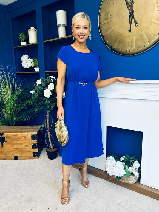 Sadie Gold Belt Detail Midi Dress Cobalt