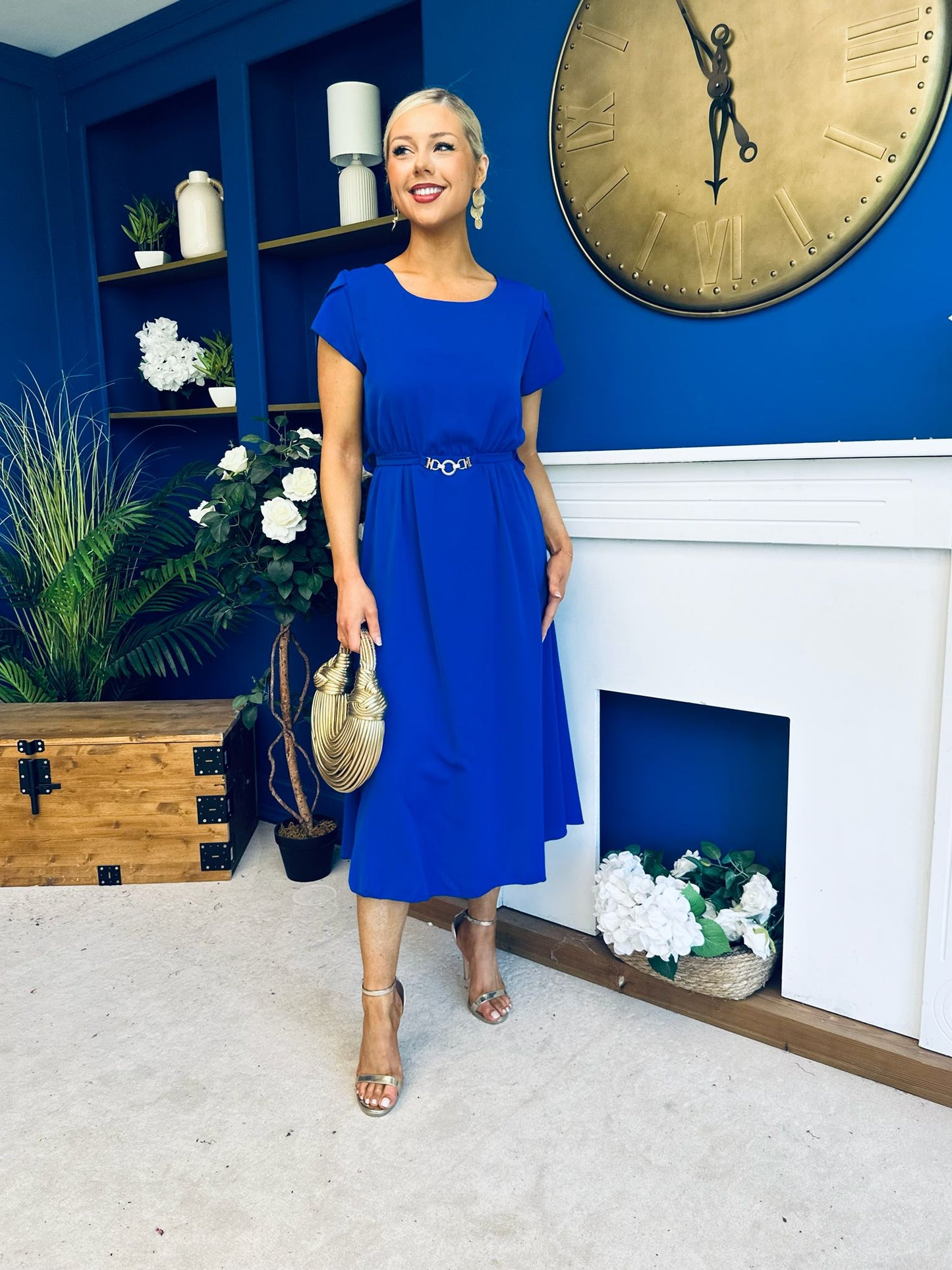 Sadie Gold Belt Detail Midi Dress Cobalt