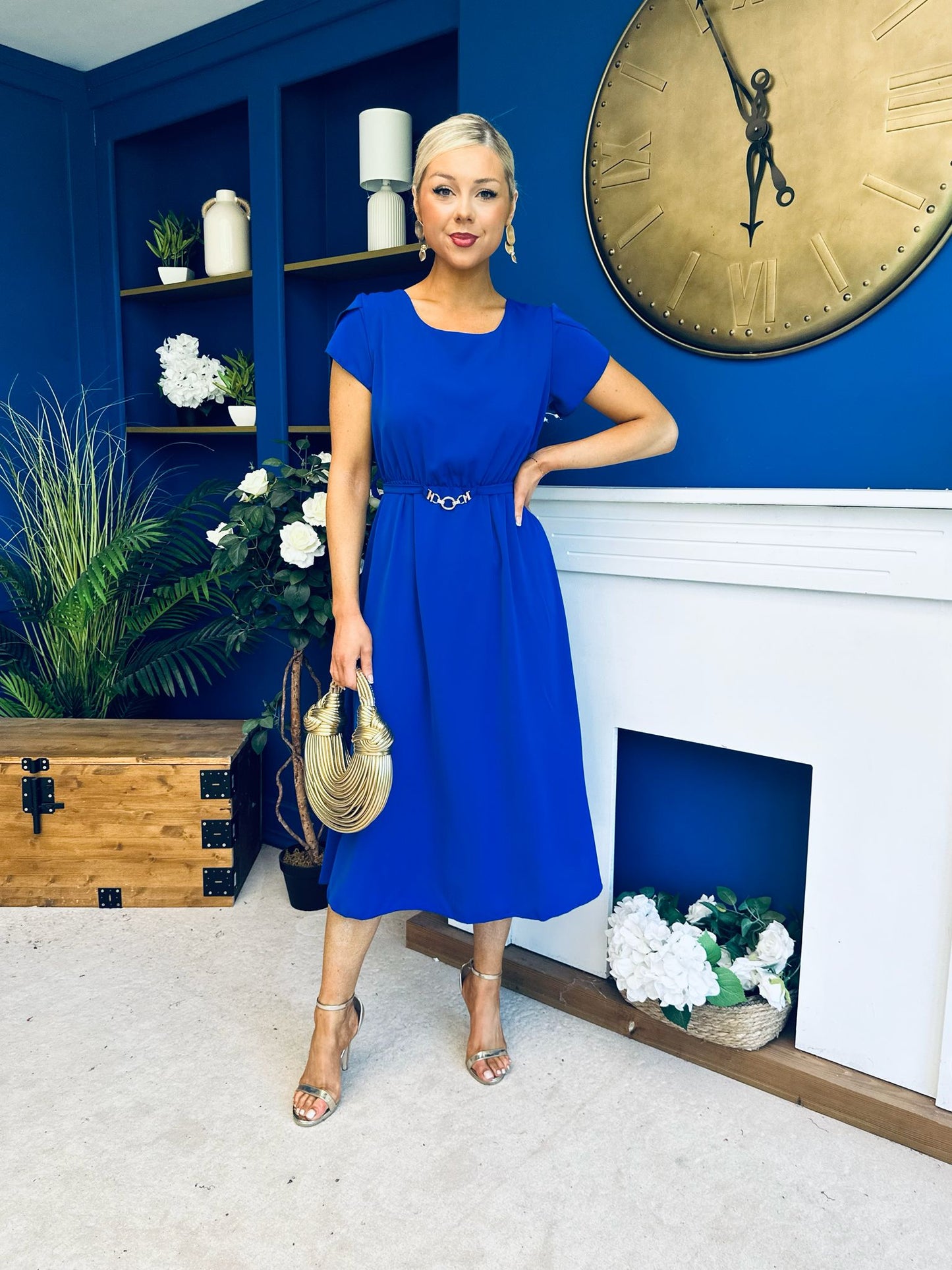 Sadie Gold Belt Detail Midi Dress Cobalt