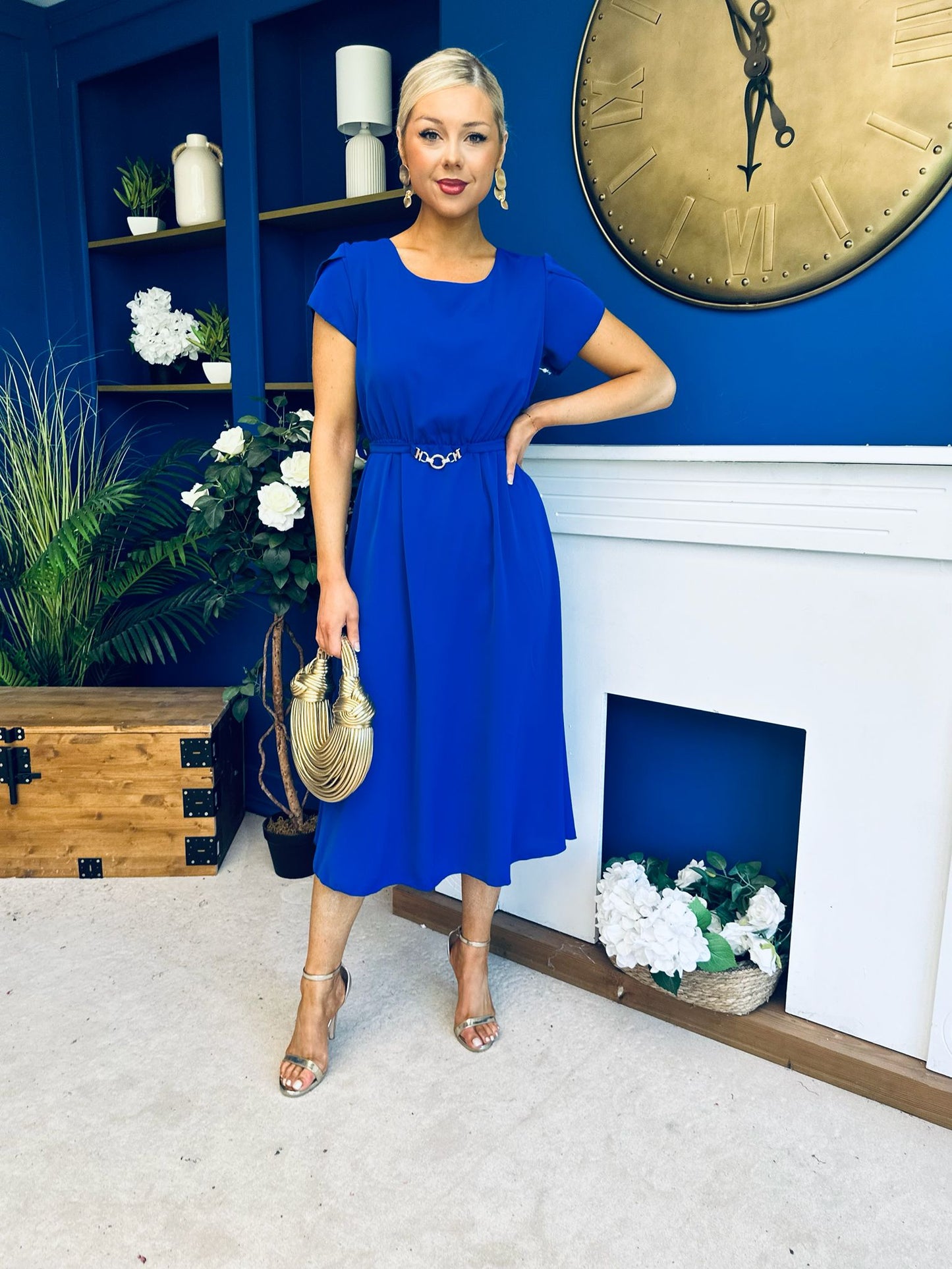 Sadie Gold Belt Detail Midi Dress Cobalt