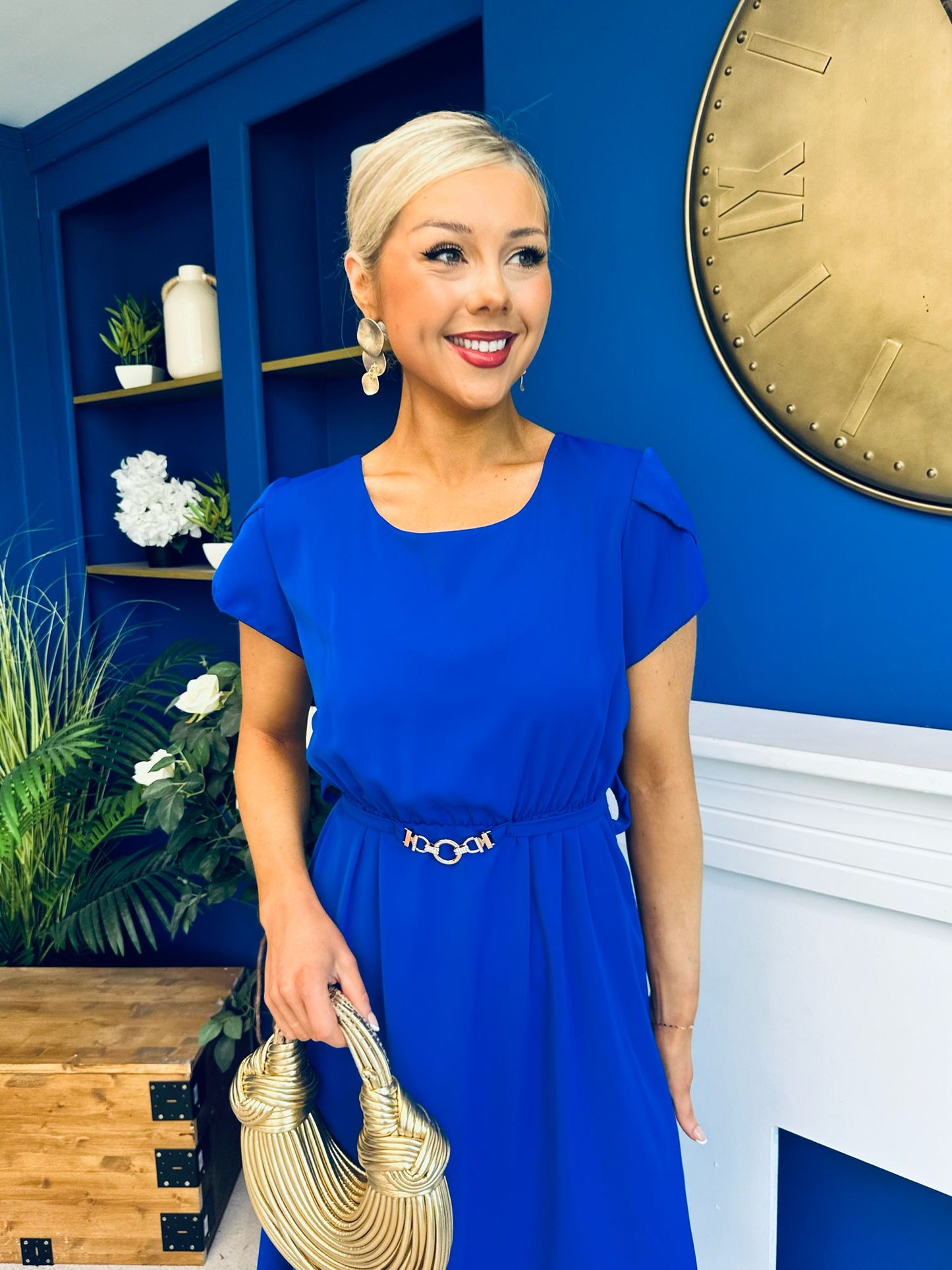 Sadie Gold Belt Detail Midi Dress Cobalt