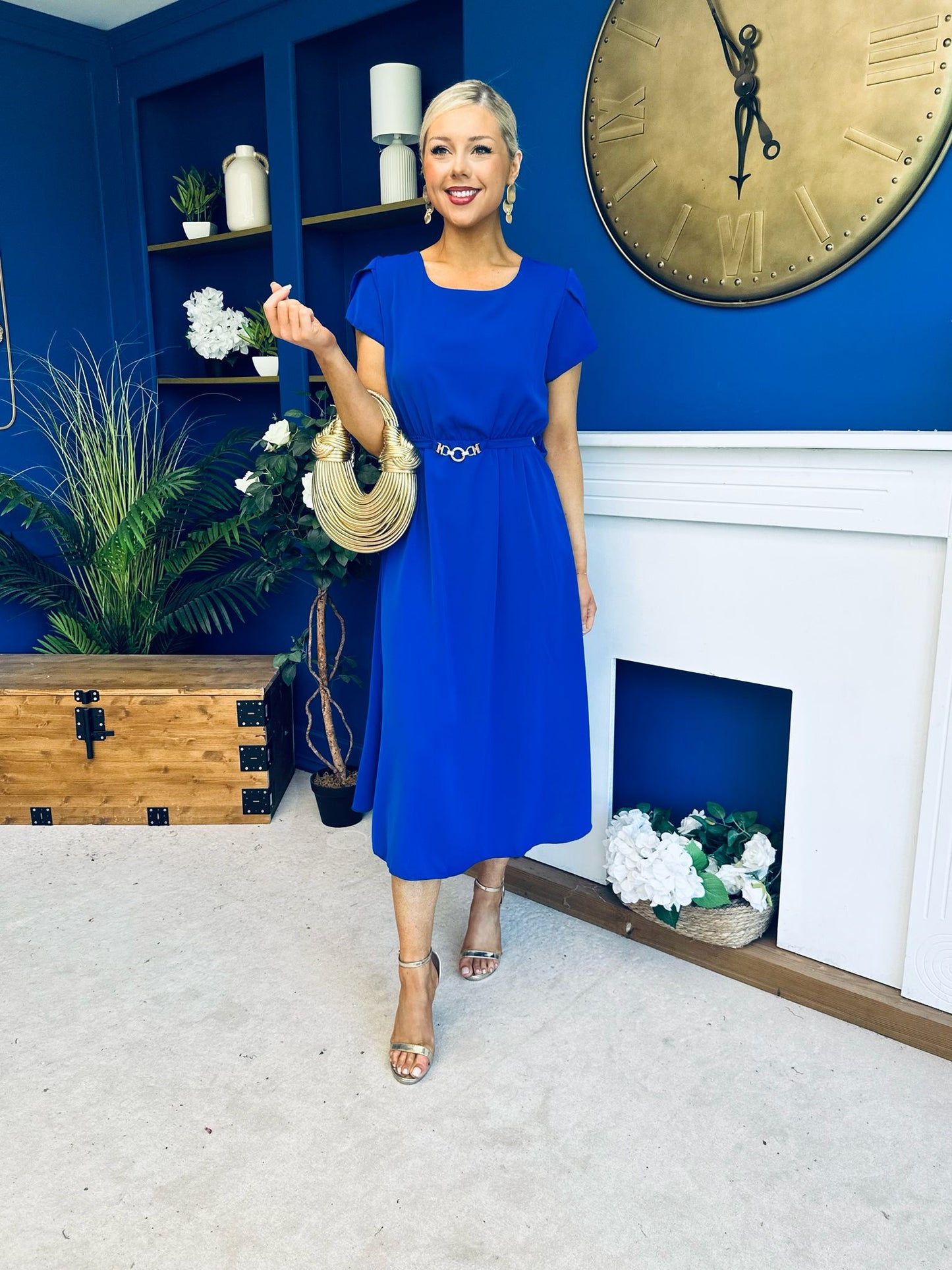 Sadie Gold Belt Detail Midi Dress Cobalt